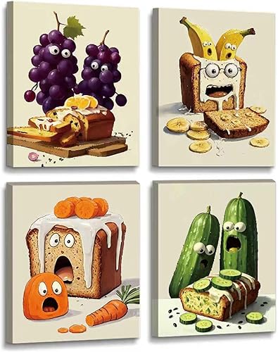 QPOKLAF Juego de 4 impresiones en lienzo enmarcadas divertidas para cocina, impresiones de alimentos, decoración artística de pan, decoración