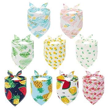 PAWCHIE Cute Dog Bandana 9 Pack - Flower & Fruit Pattern Cooling Summer Style - Soft Dog Triangle Scarfs for Pet Puppy Boys & Girls