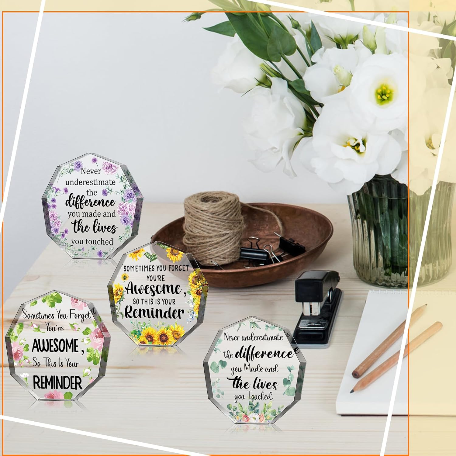 Kigley 24 Pcs 12 Styles Thank You Plaque 3.54in Acrylic Award Plaque Personalized Coworker Gifts Office Teacher Appreciation Week Gifts for Women Men Friends Teacher Nurses Doctor Family Member