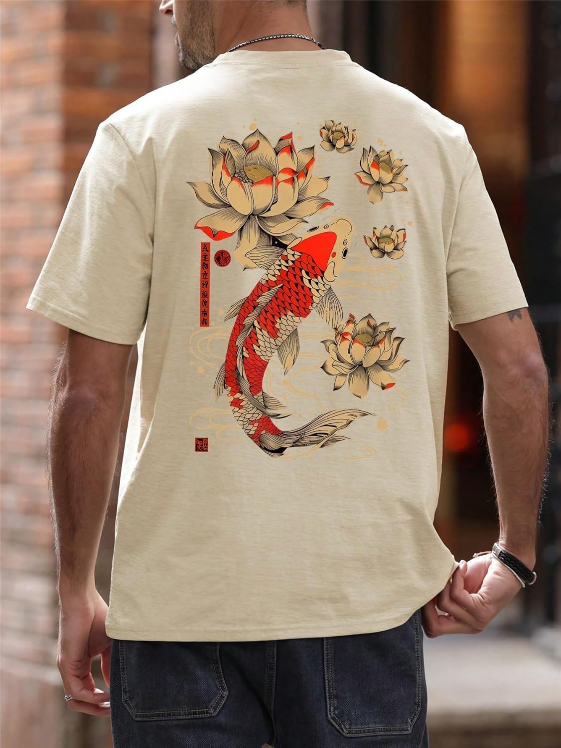 QJQ Men's Letter Graphic Tees Short Sleeve Crewneck T Shirts Trendy Streetear Tops Vintage Japanese Koi Shirts - Image 2