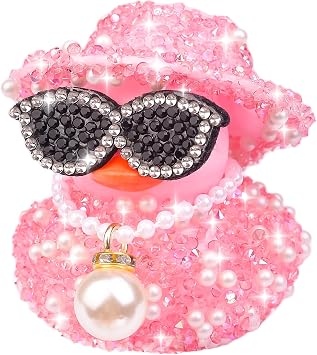Diamond Rubber Duck Car Ornaments Dashboard Decorations with Sunglasses Pearl Necklace Cool Ducks Car Accessories Office