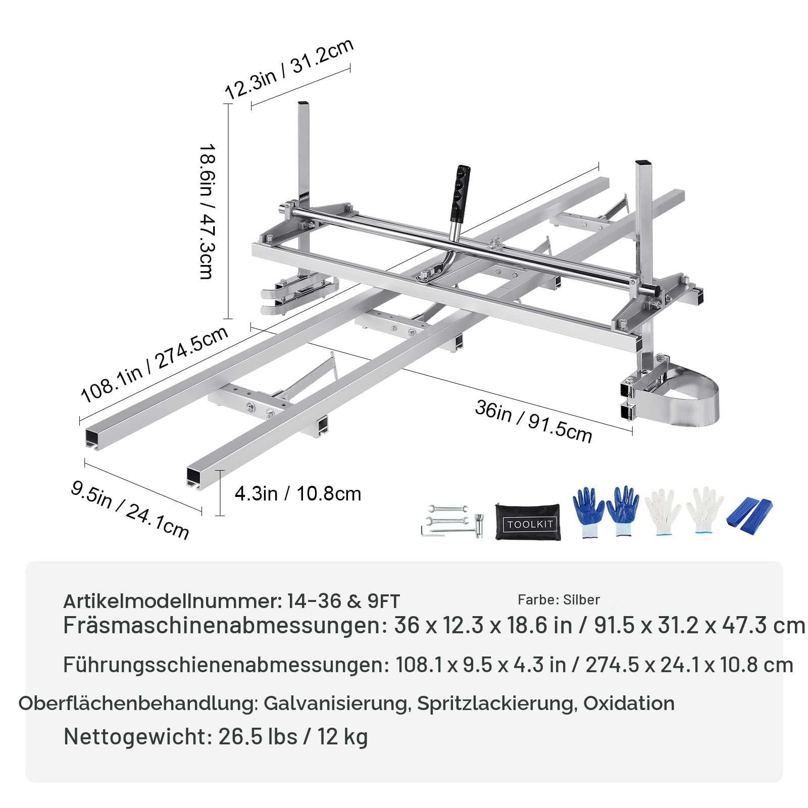 VEVOR Tragbares Sägewerk 355-914mm Kettensägenmühle Max. Schnittdicke 5,08-300 mm Kettensägewerk mit 2745x241x108,4mm Führungsschiene Geeignet für eine Vielzahl von Holzschneideanforderungen