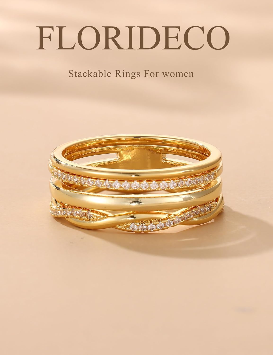 Florideco 14K Gold Plated Stackable Rings for Women Non Tarnish Dainty Cubic Zirconia Ring Set Minimalist Wedding Bands Ring Stack Statement Engagement Promise Thumb Rings Size 5-10 - Image 3