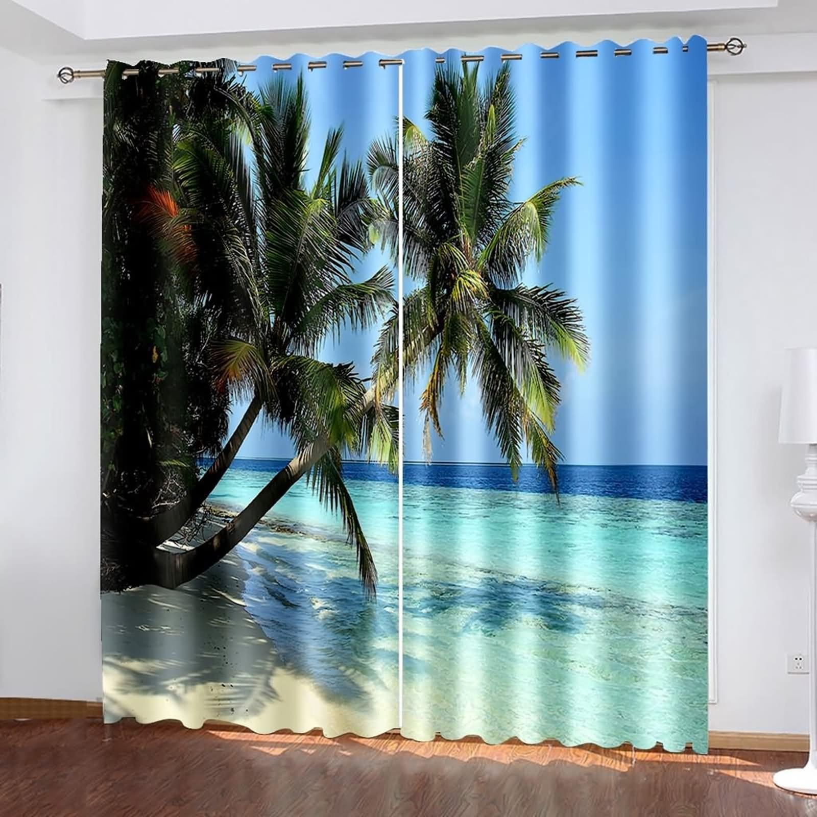 Cortina de cocina al aire libre, cortina de salón pequeña ventana, azul verde, paisaje marino con palmeras de poliéster, juego de 2 214 x 244 cm