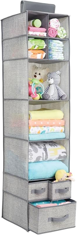 Fabric Hanging Organizer - Over Closet Rod Storage - 7 Shelves/3 Removable Drawers for Baby Nursery Bedroom Organization - Hold Clothes, Linens, Toys, Accessories - Lido Collection - Gray