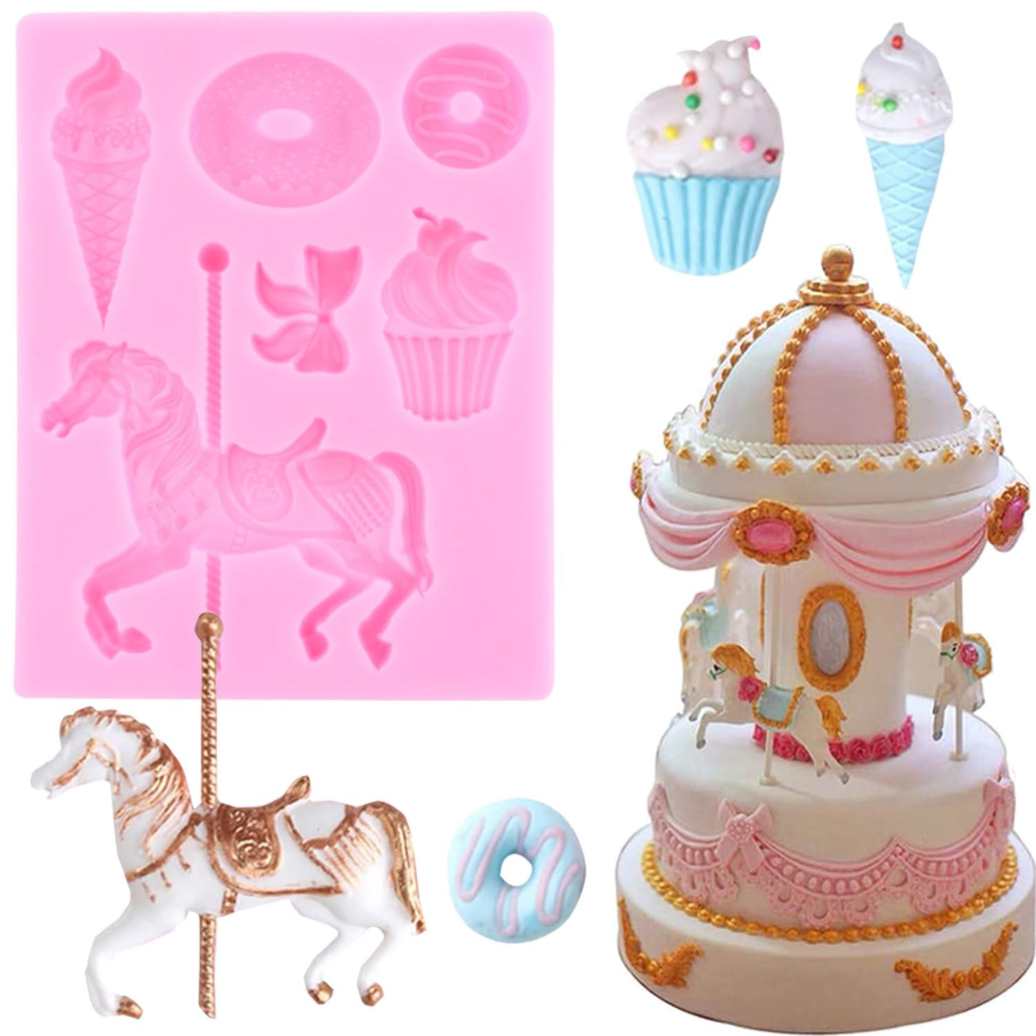 Carousel Horse Silicone Fondant Molds Merry-Go-Round Chocolate Gum Paste Mold For Cake Decorating Cupcake Topper Candy Gum Paste Polymer Clay