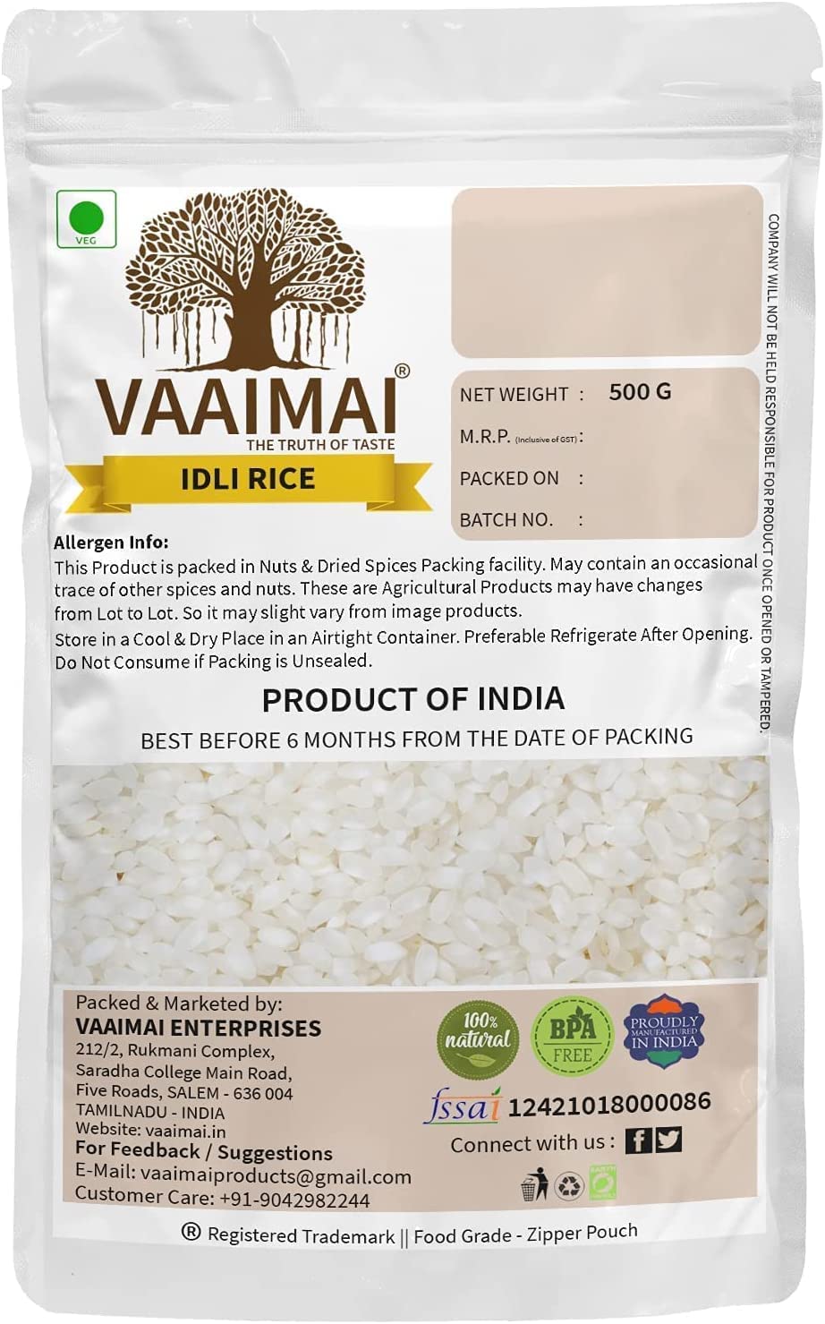 VAAIMAI Ryż idli / ryż Idly / ryż doosa, 500 g