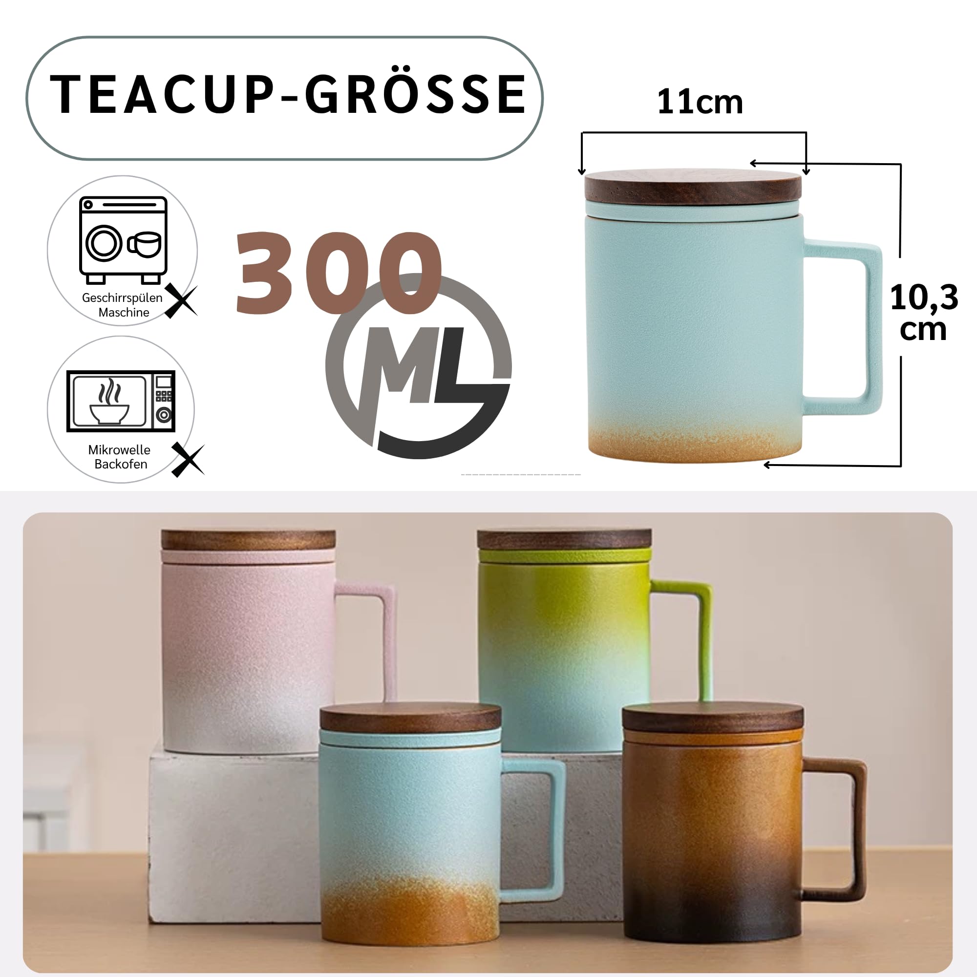 JanYoo Teetasse mit Deckel und Sieb, 300ml Teebecher mit Teesieb und Deckel für Losen Tee, Blooming Tea, Keramik Farbverlaufende Glasur Teetassen Geschenke für Teeliebhaber(Blau)