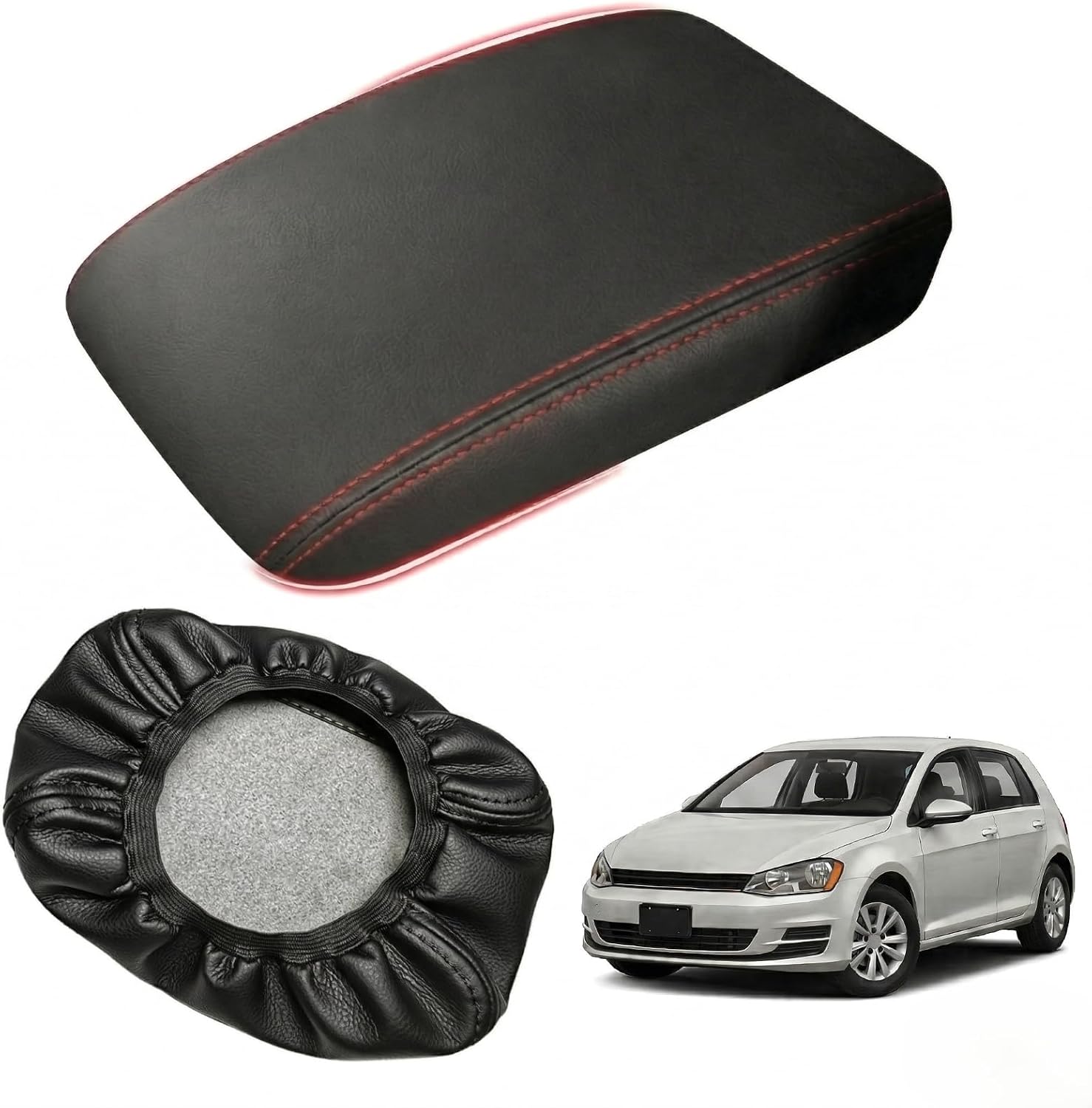 Center Console Armrest Cover Compatible with VW Golf 7 MK7 MK7.5 GTI R 2013-2020, Interior Armrest Lid Protector Pad, Anti-Scratch (Black Color, Red Line)