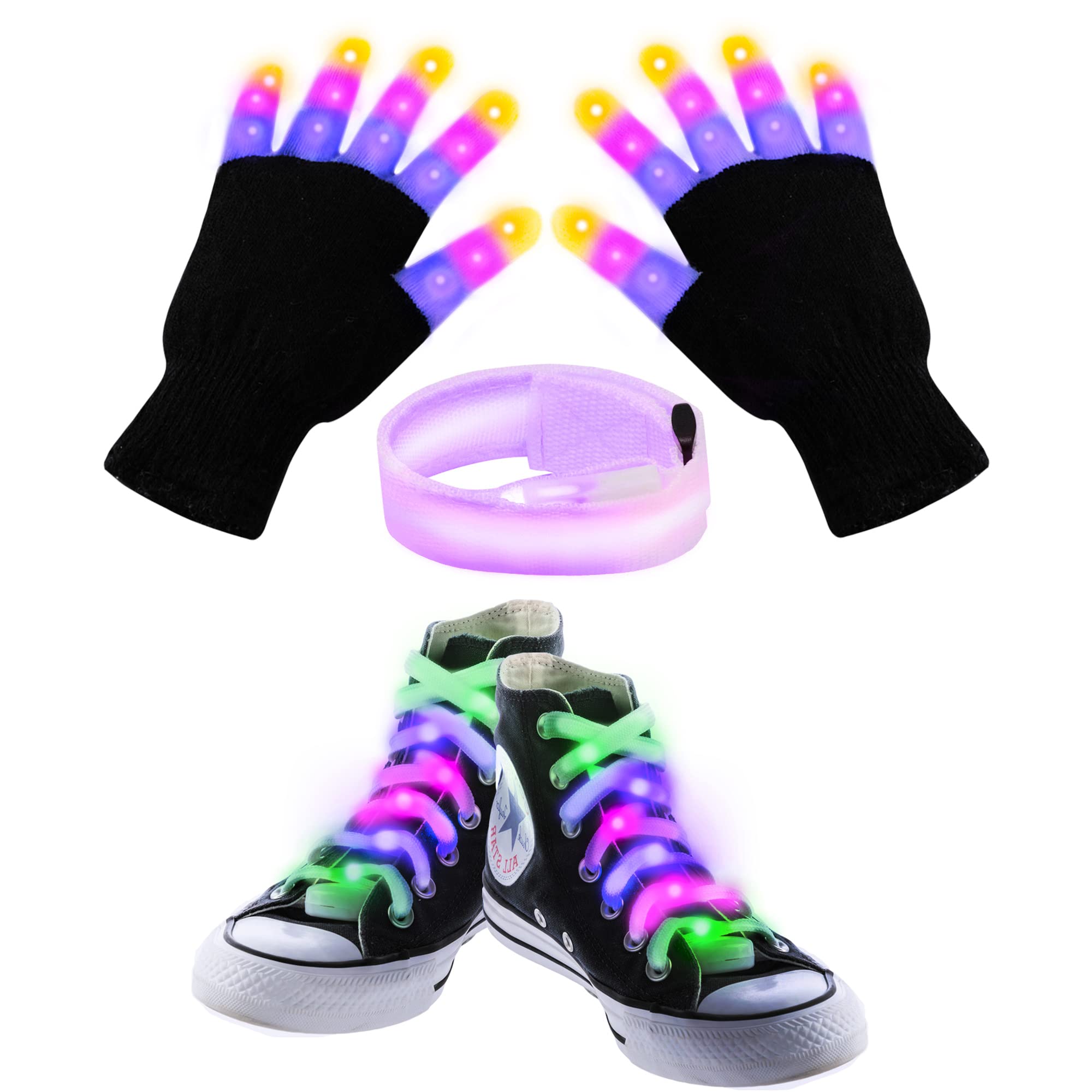 JOYIN3 Pcs LED Light Up Gloves with Light Fingers, LED Wristband, LED Light Shoelaces Glow in the Dark Halloween Party Favor Cosplay Accessories
