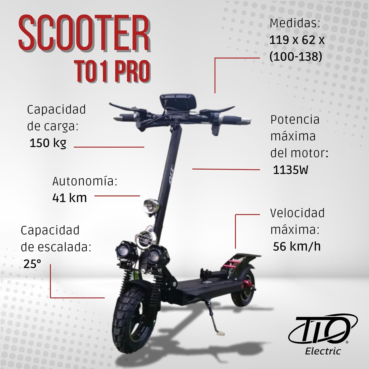 TIO T01 Pro Electric Scooter with specifications like dimensions, load capacity, autonomy, motor power, speed, and climbing capacity