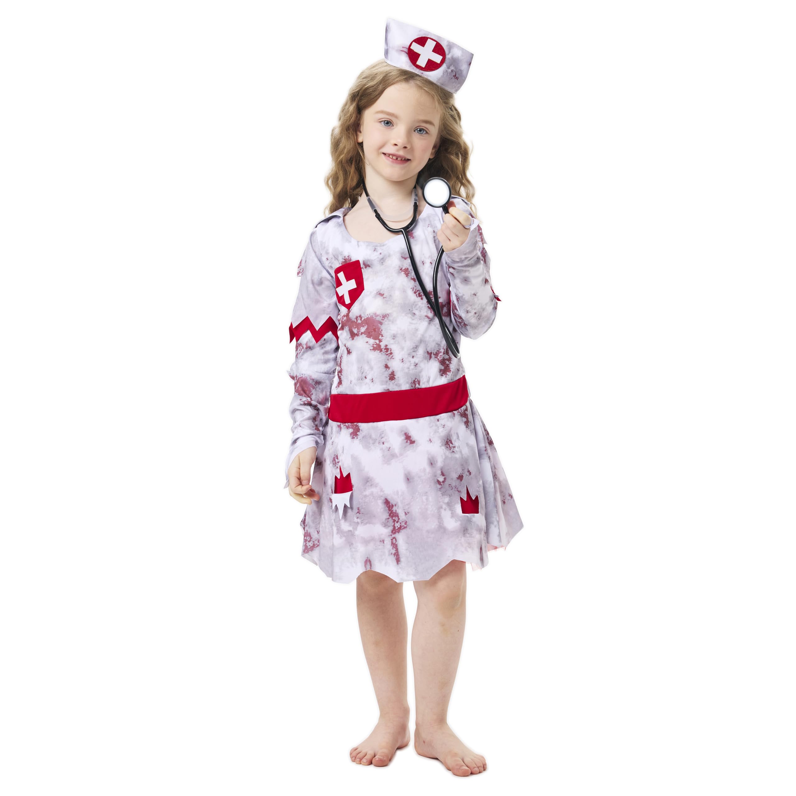 AENEY 2PCS Scary Zombie Nurse Costume Kids, Girls Bloody Dress with Stethoscope Props