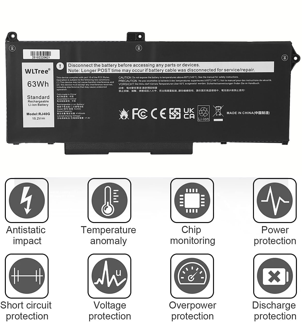 63Wh RJ40G Batteria per Dell Latitude 14 5420 Latitude 15 5520 Precision 15 3560 Mobile Workstation Series P137G P137G001 P104F 075X16 01K2CF WY9DX 005R42 0WK3F1 0M3KCN Battery 15,2V