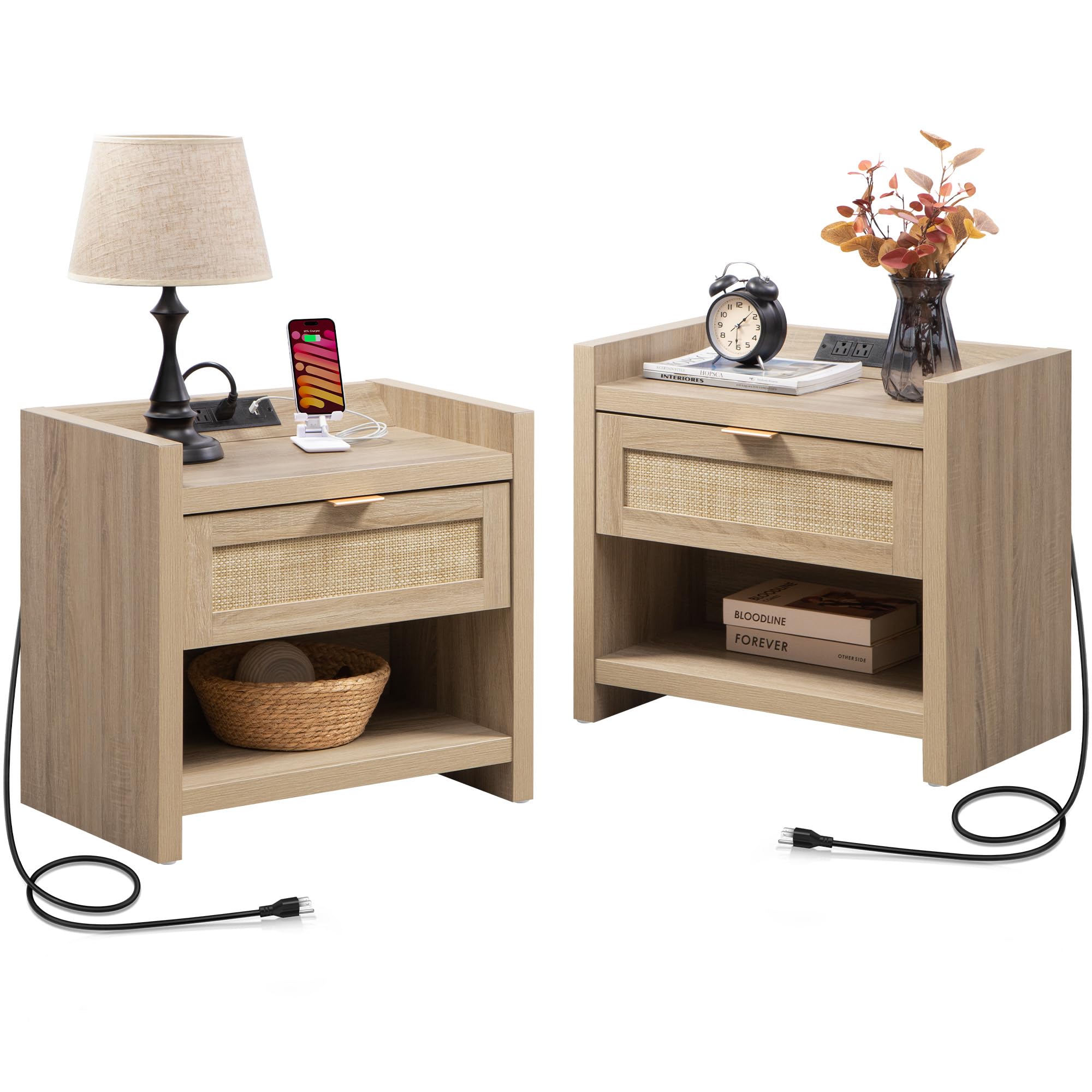 SICOTAS Rattan Nightstands Set of 2 Bedside Table - Boho Night Stand with Type-C Charging Station, Wicker Decor Drawer Storage End Table Night Stands for Bedroom - Light Oak