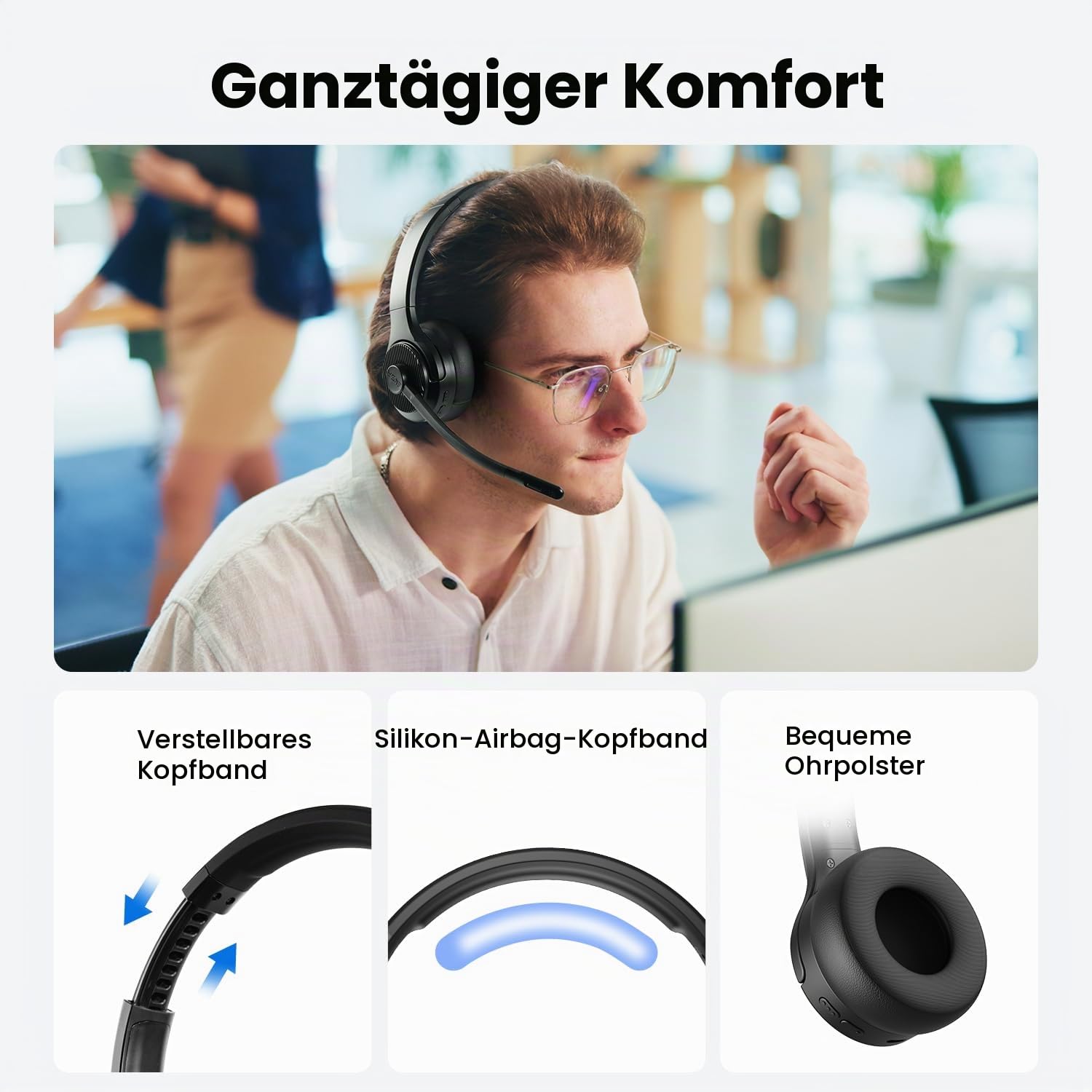 EKSA H3 Bluetooth Headset mit Mikrofon, [65 Stdn Wiedergabezeit & 30M Reichweite] Wireless Headset Mono PC Headset mit Mic Rauschunterdrückung, Upgraded 5.4 Bluetooth Kabellose Headset für Büro/Office