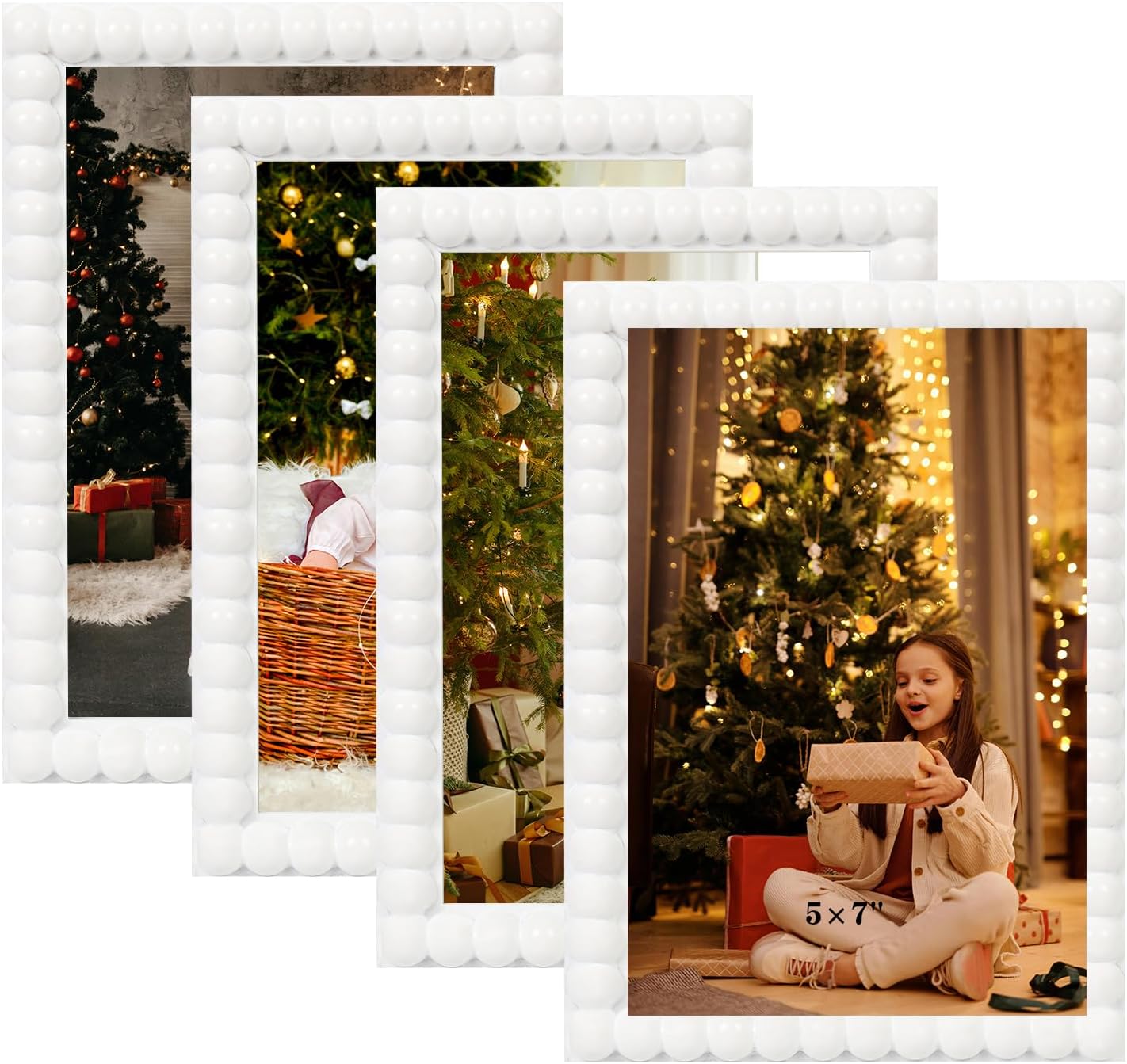 5x7 Picture Frame Set of 4, White Beaded Photo Frames Display Pictures 5x7 without Mat, Multi Photo Frames Collage for Wall or Tabletop Decor White Beaded 5X7