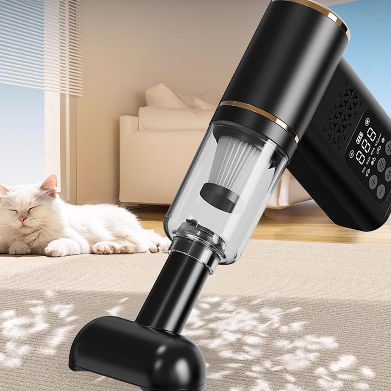 Cordless Car Vacuum & Tire Inflator 5-in-1 with Digital Display,Rechargeable 150PSI/10.5Bar Auto-Stop Air Pump,Dust Blower,LED Light – Portable Emergency Kit for Car,Motor,Bike & Camping,Black