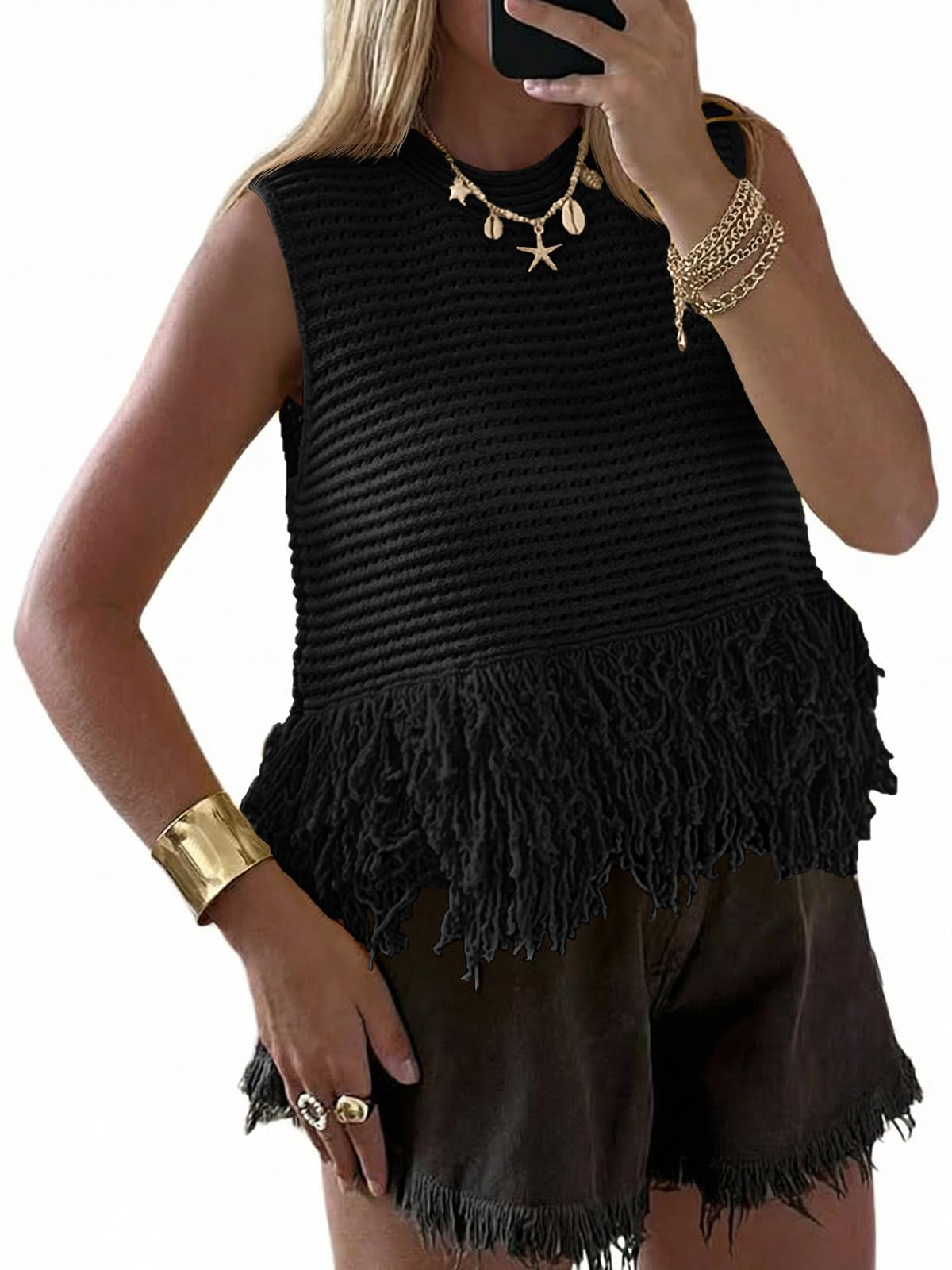Womens Crochet Crop Tank Tops Sleeveless Fringe Crew Neck Trendy Boho Knit Summer Sweater Vest-image-34