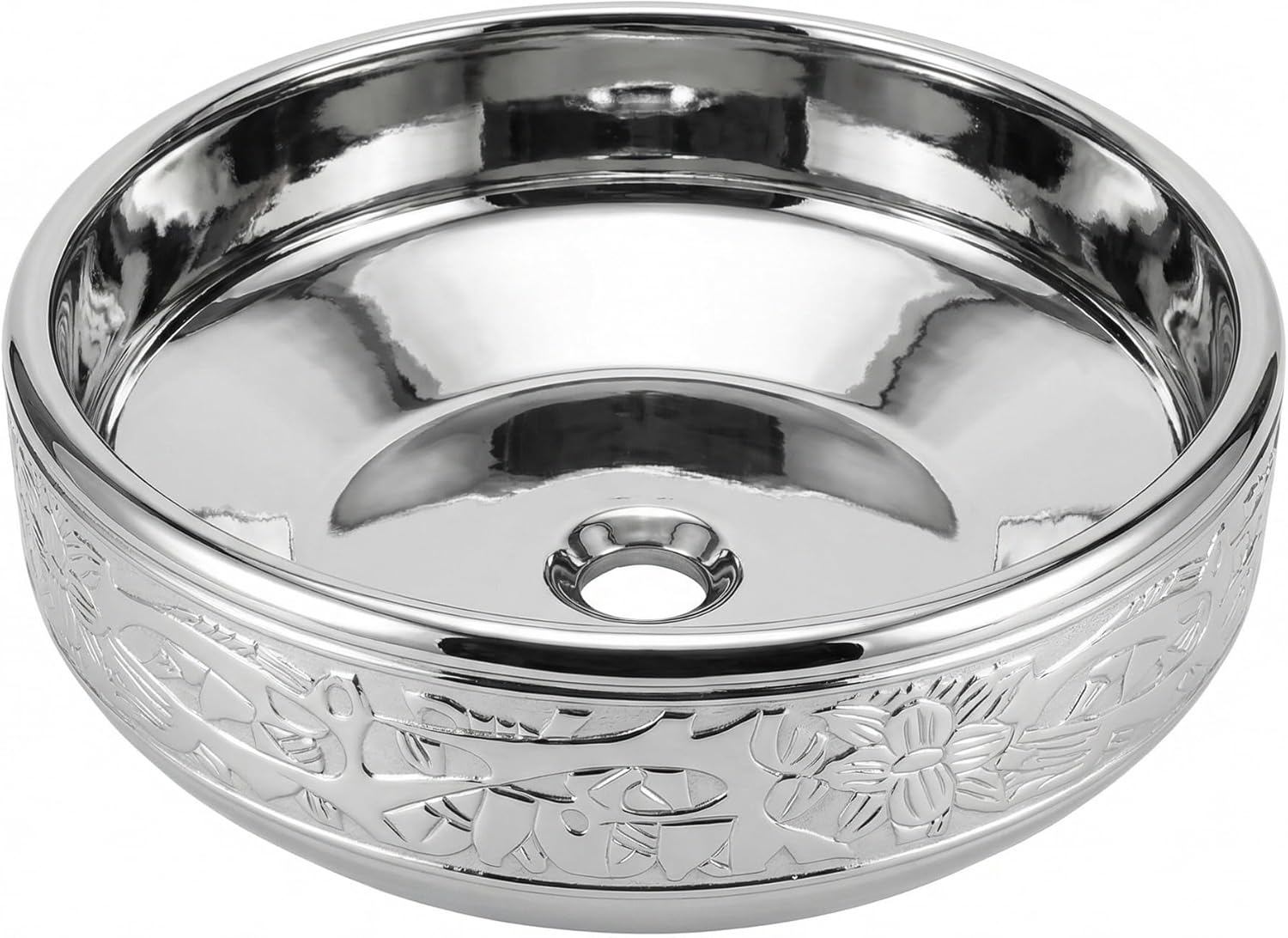 HOPESTAR Round Silver Polished Ceramic Bathroom Sink, 15.8 x 15.8 x 5.9 Inches Hand-carving Craft Vessel Sink Hand Wash Basin Designer Porcelain Sink