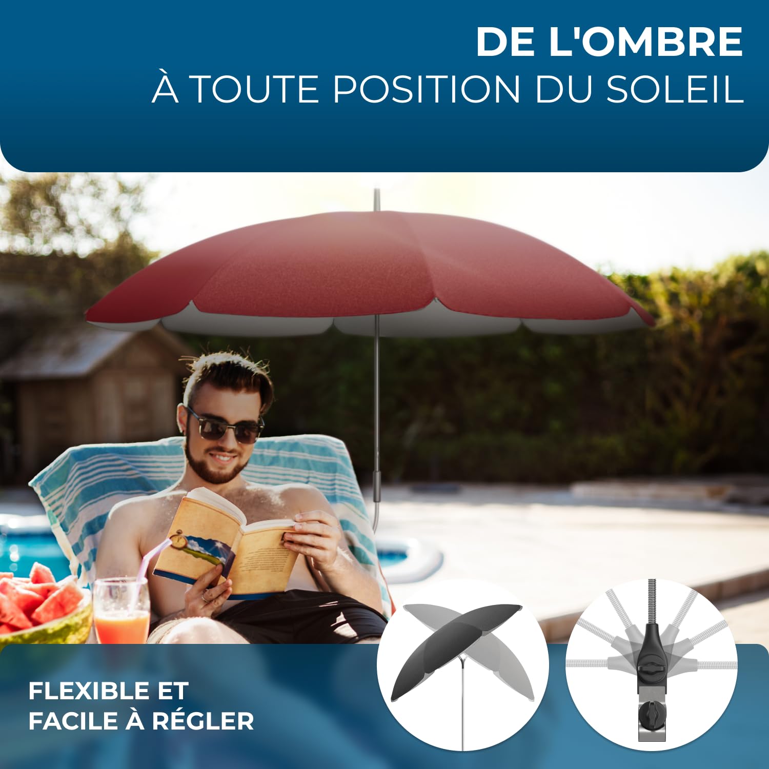 STYNGARD SAN FRANCISCO Parasol de Chaise et Transat pour Camping I Parasol Clipsable avec Pince Universelle, Protection UV 50+, Dôme 120 cm I Convient Balcon, Chaise Longue et Chaise de Camping