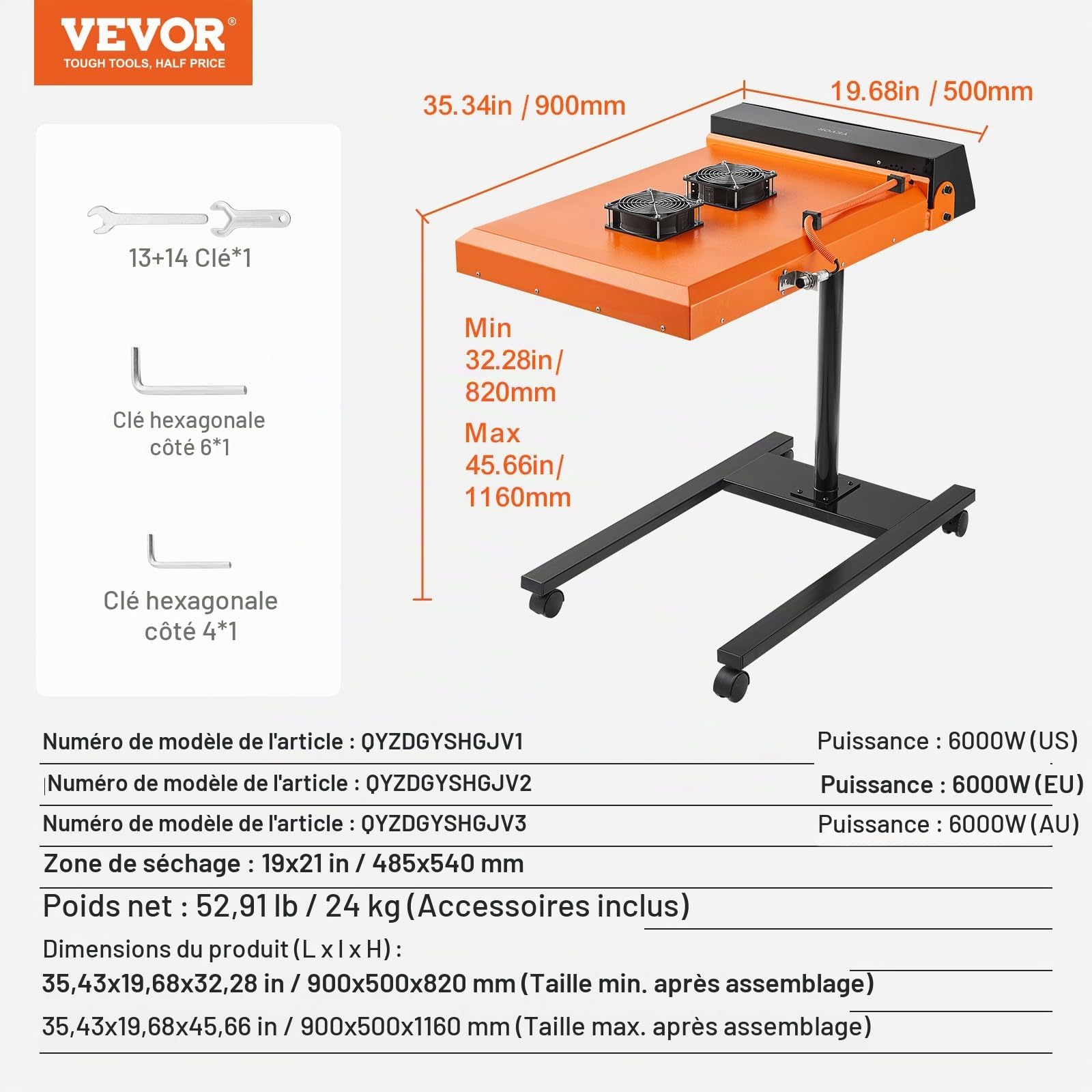 VEVOR Séchoir Flash pour Sérigraphie 6 kW, 48,5 x 54 cm, Séchoir de Sérigraphie Automatique, Temps de Séchage Réglable, avec Capteur, Hauteur Réglable, Refroidissement à Double Ventilateur, Atelier