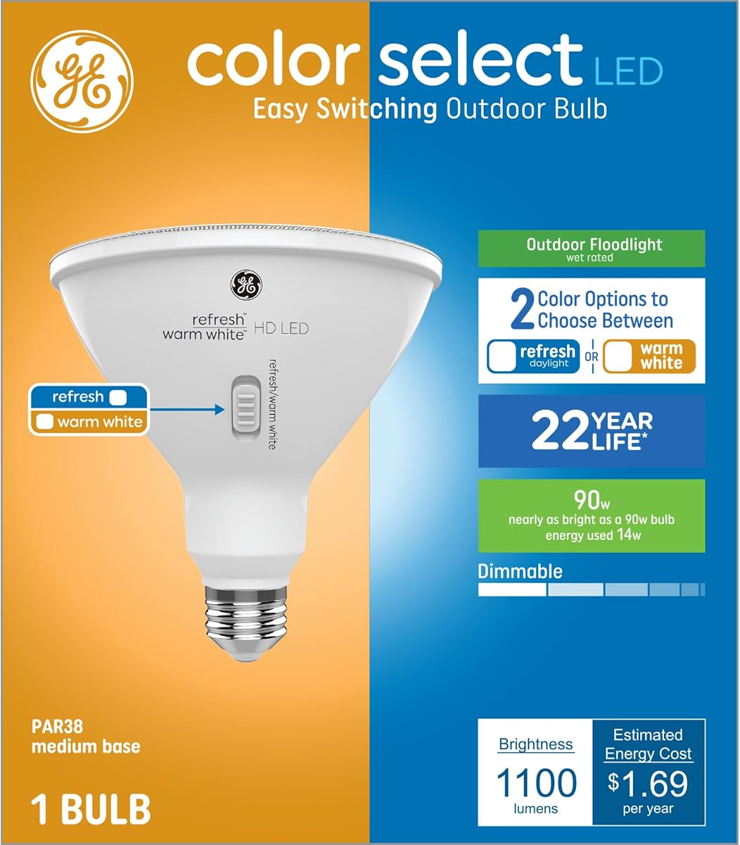 Color Select PAR38 LED Flood Light Bulb, Daylight/Warm White, 90W | Switchable color temperature, daylight or warm white, 1-pack, outdoor floodlight, 90W Replacement, energy-saving LED