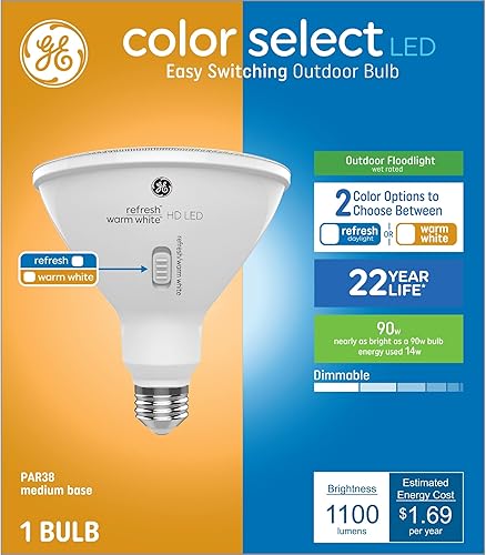GE Color Select - Focos LED para exteriores, luz diurna o luz blanca cálida, tipo bombilla PAR38, base media, regulable (paquete de 1)