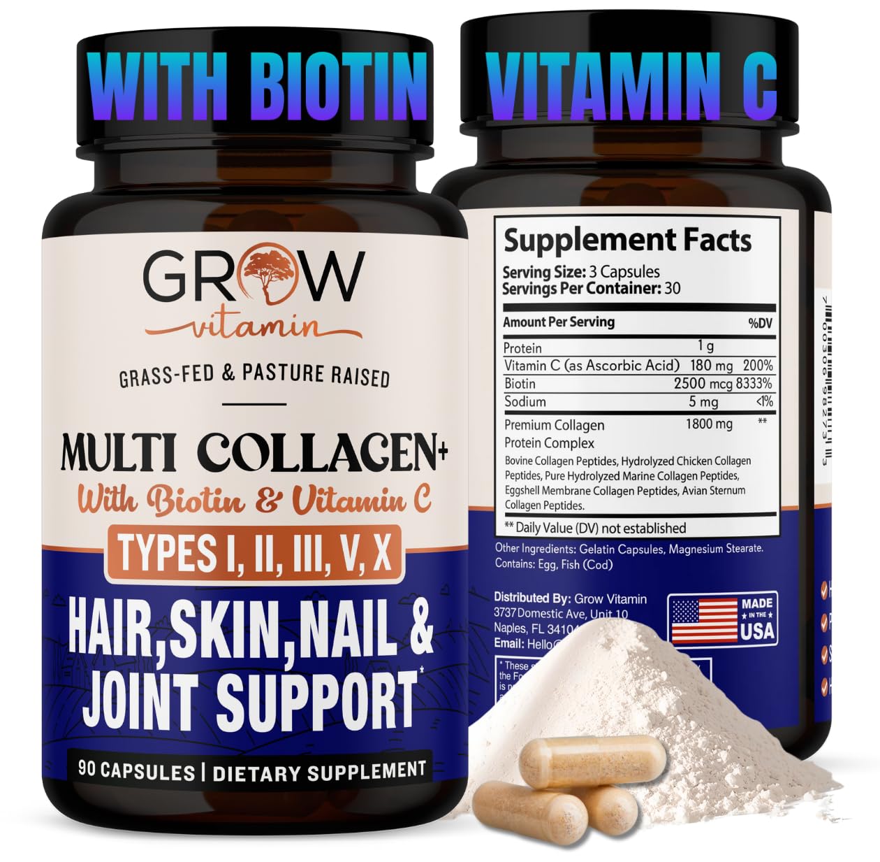 grow vitamin Multi Collagen Capsules 1800MG (Types I, II, III, V & X) - Non GMO, Grass Fed Collagen - Anti Aging Support for Hair, Skin, Nails - Protein Pills for Joint Support - 90 Capsules