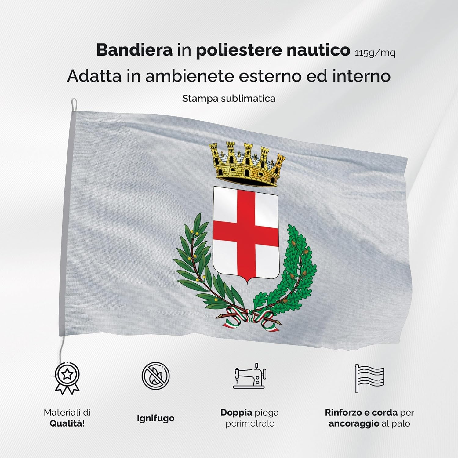 Bandiera Milano 200x300 cm in Poliestere Nautico Ignifugo 115 g/mq per Uso Interno ed Esterno con Finiture Professionali, Doppie Cuciture, Corda e Guaina, Colori Brillanti e Duraturi