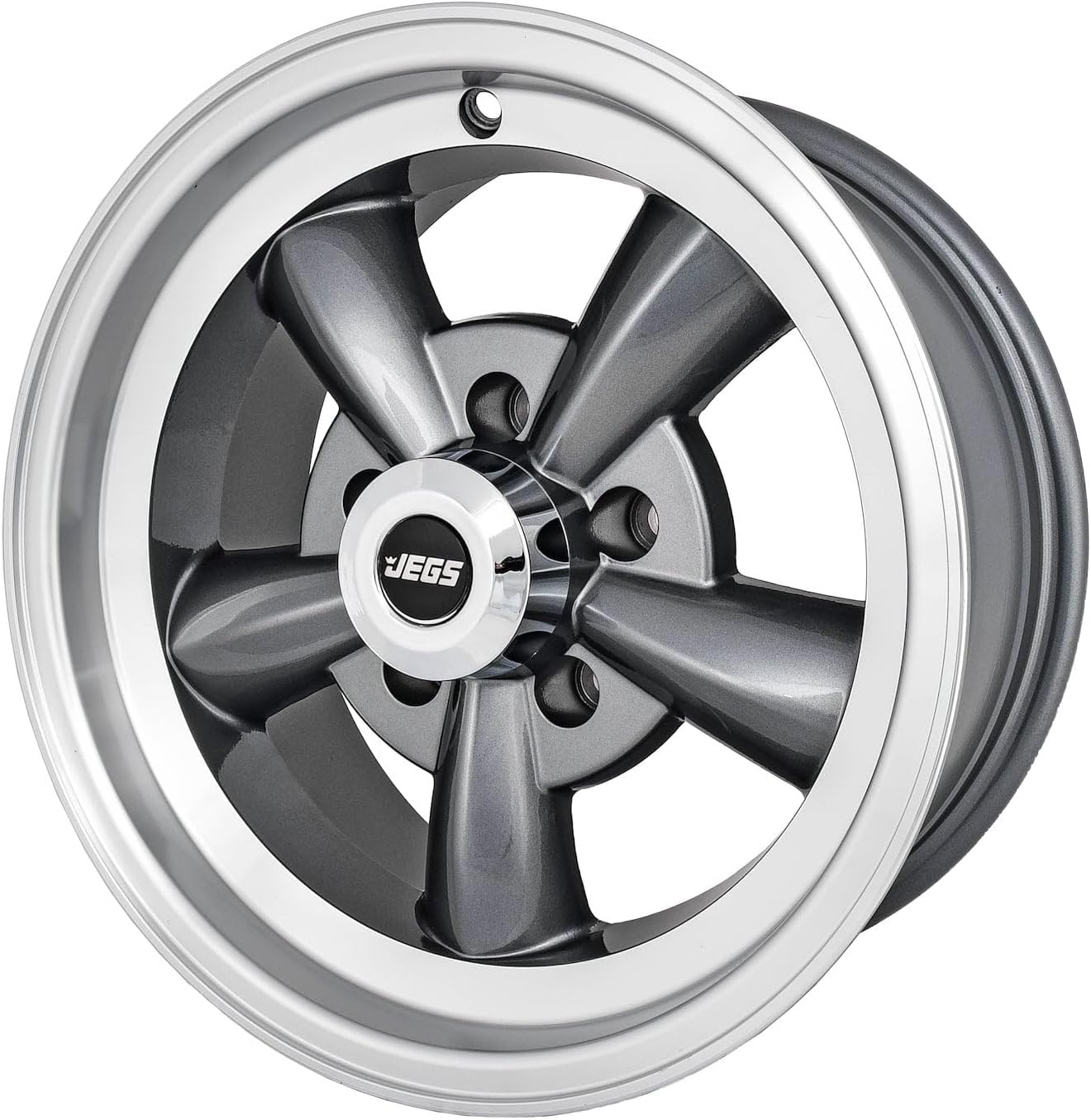 JEGS Sport Torque Wheel | 15� x 7� | 5 x 4.75� Wheel Bolt Pattern Spacing | -7 mm Offset | 3.75� Backspacing | Polished Outer Lip With Magnesium Gray Spokes | 83mm Center Bore | Includes Center Cap