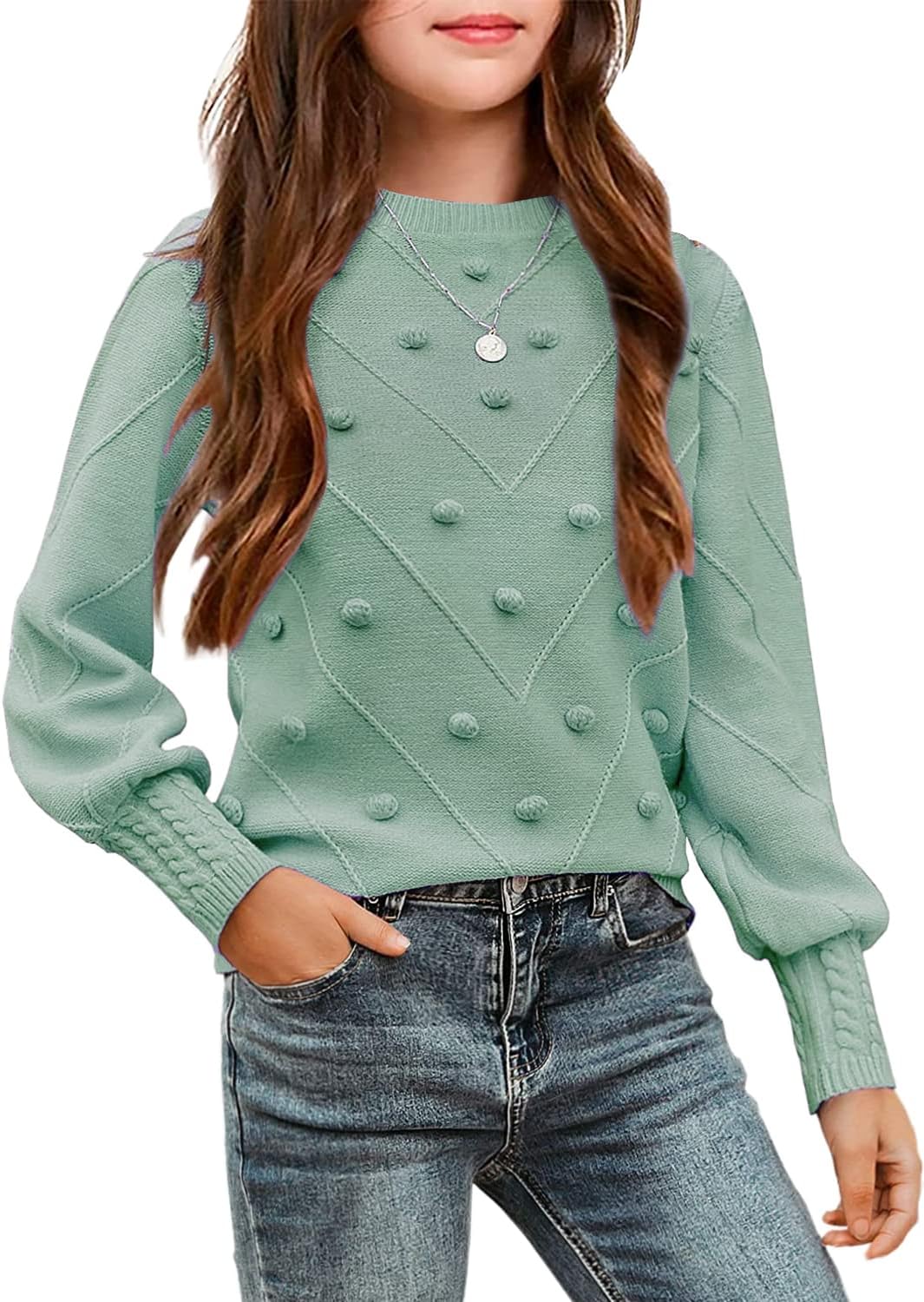 Arshiner Kid Girls Crew Neck Lantern Sleeve Sweater Cute Jumper Top Pullover Outwear 5-13 Years