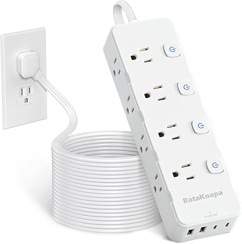 Regleta protectora de sobretensiones de 15 pies, 8 salidas de CA, 4 USB (2 USB C), cable de extensión de enchufe plano con interruptores