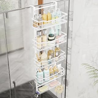 SWTYMIKI Over the Door Shower Caddy - 5 Tier Adjustable Shower Organizer Hanging with Soap Holder, No Drilling Stainless Steel Bathroom Rack Hanging for Body Wash, Shampoo, Soap, Razor, White