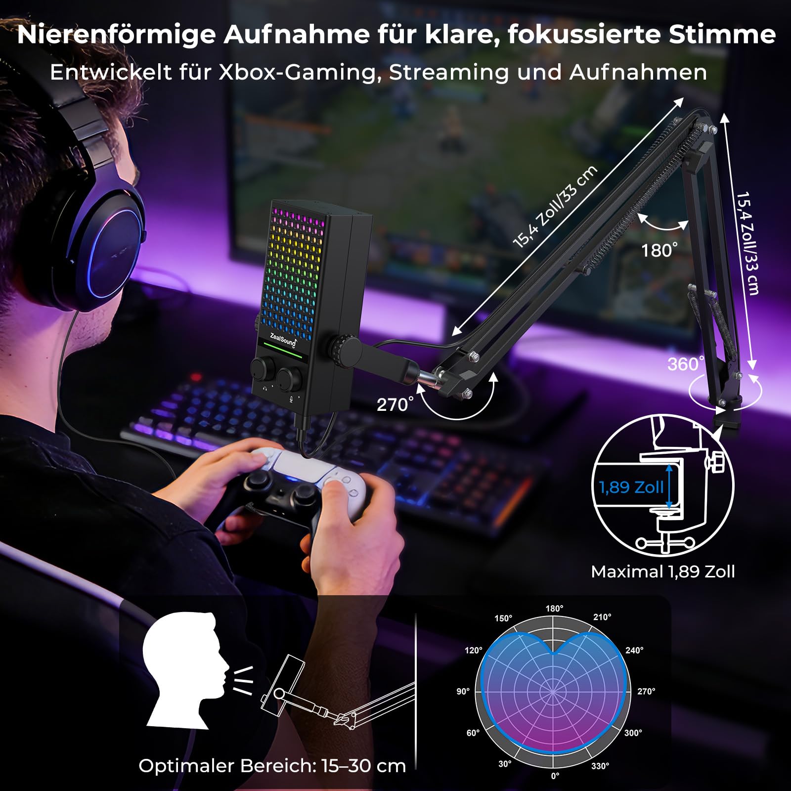 zealsound Xbox Gaming Mikrofon mit Arm, USB Mikrofon für PC, Handy, & PS5 | Rauschunterdrückendes, Mute, Gain-Control, Echtzeit-Monitoring und RGB-Beleuchtung, Plug & Play für Streaming, Podcast, Zoom