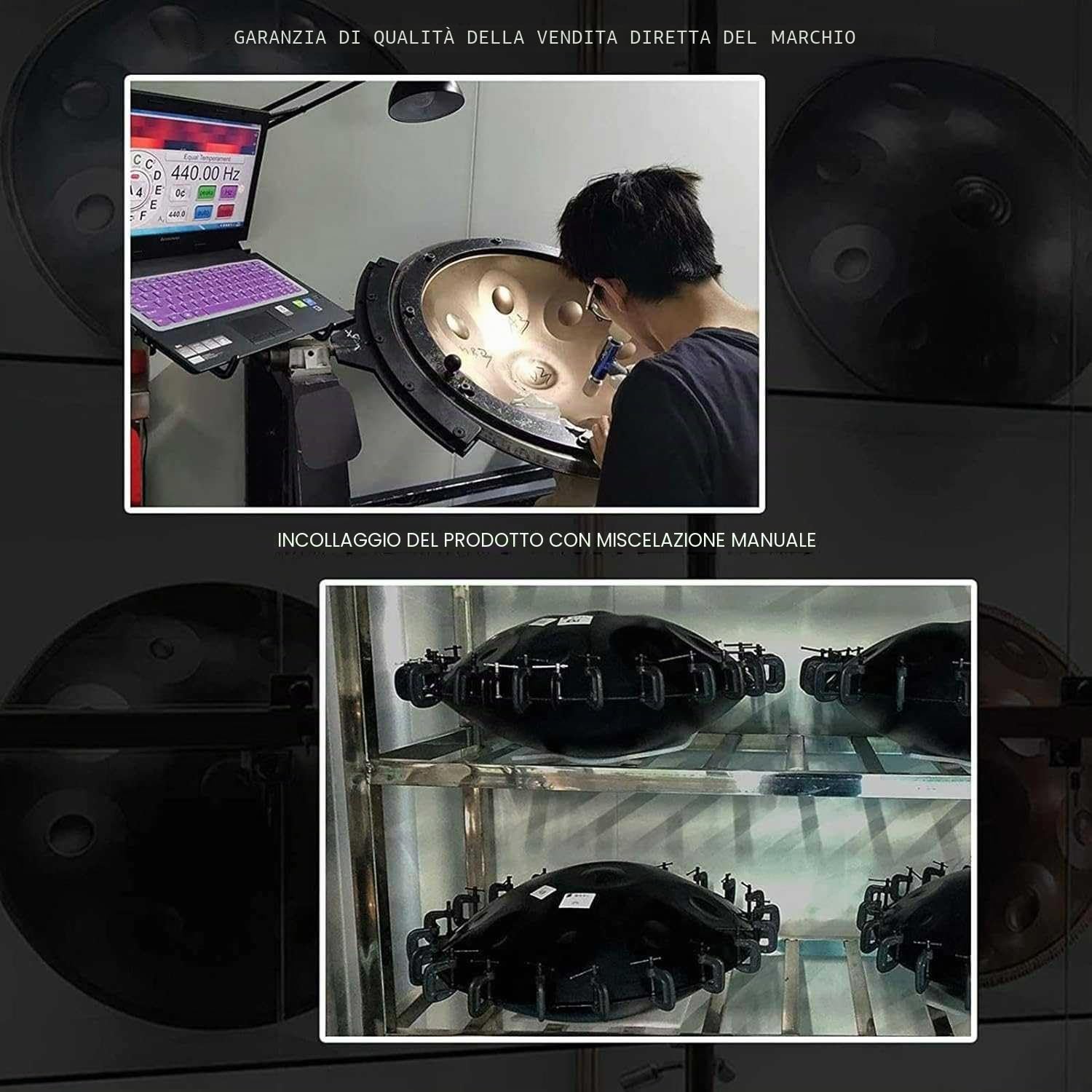 Handpan Steel Tamburo 432Hz 56 cm Oro Performer D-minl - 14 note con custodia morbida, supporto e panno per la pulizia, batteria