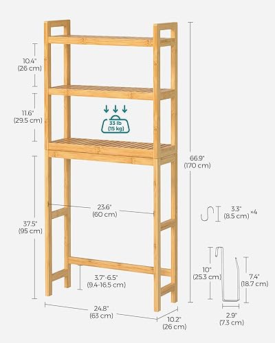 Miniatura 3 de SONGMICS Almacenamiento sobre el inodoro, organizador de baño de 3 niveles con estante ajustable, 10.2 x 24.8 x 66.9 pulgadas, ahorro de espacio,