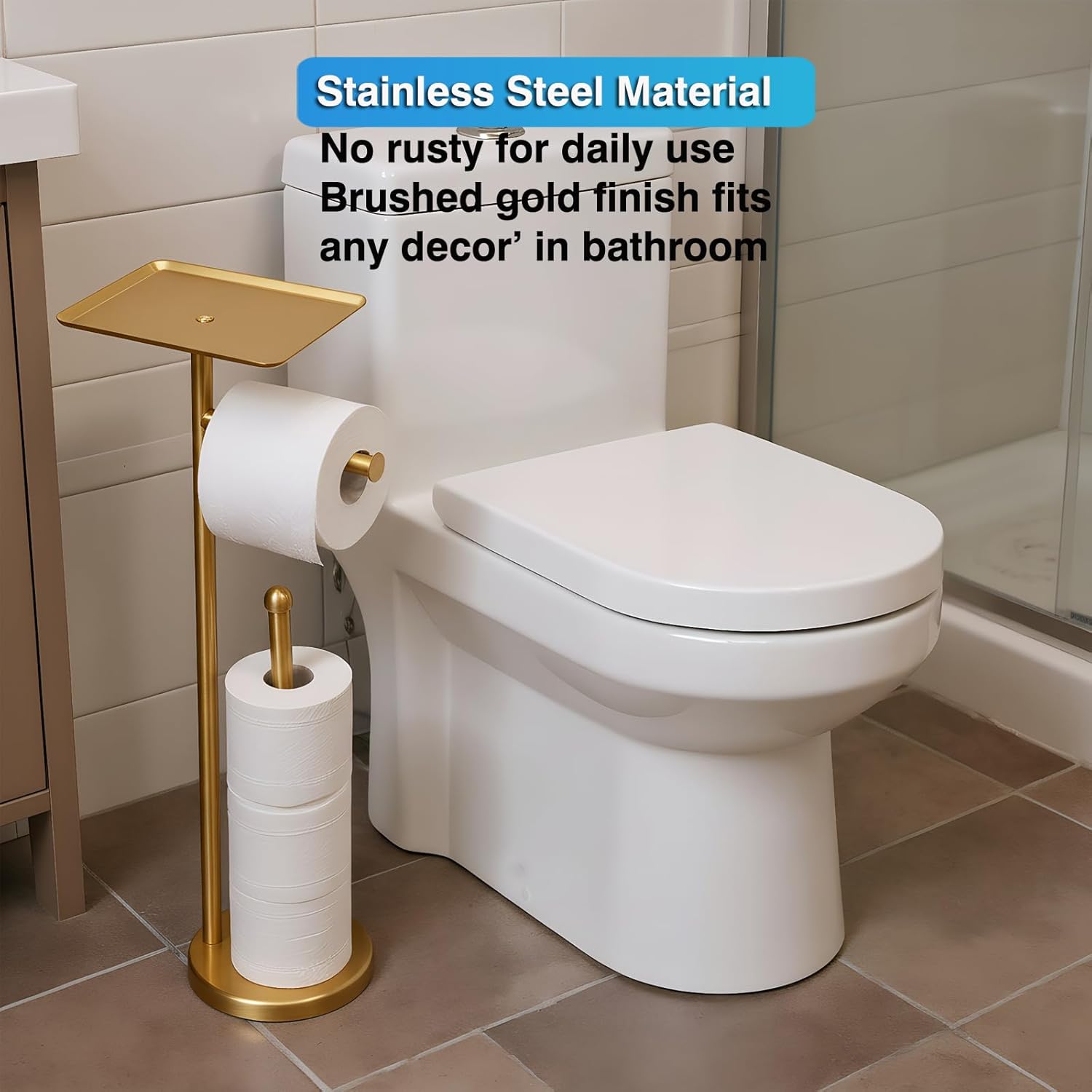 Gold Toilet Paper Holder with Shelf, Freestanding Tissue Holder Stand with Storage Space for Extra 4 Toilet Paper Rolls (Stainless Steel Base, Gold)