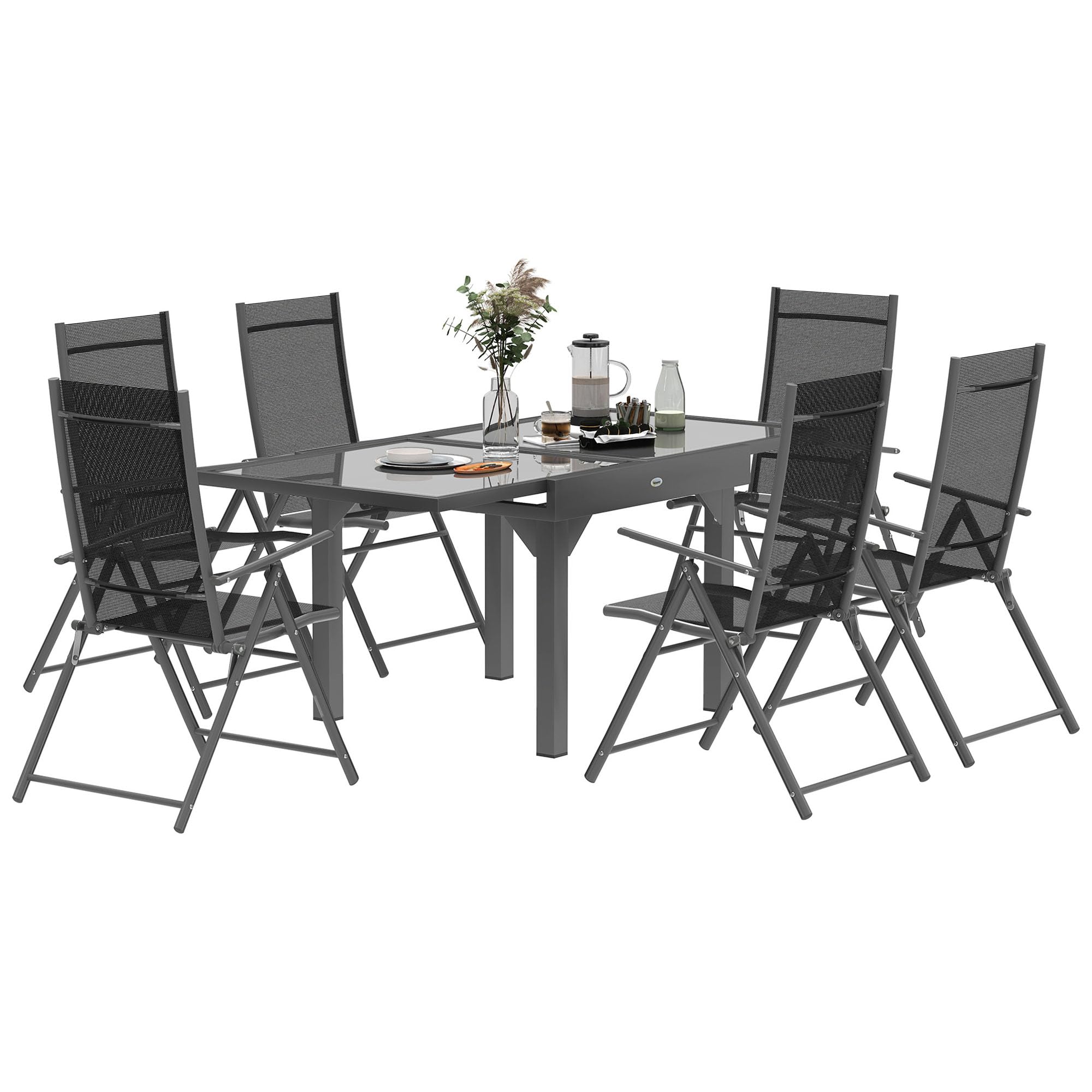 Outsunny Set Tavolo e Sedie da Esterno 7 Pezzi, Tavolo Allungabile con Piano in Vetro, 6 Sedie Pieghevoli con Braccioli, Acciaio e Textilene, Grigio