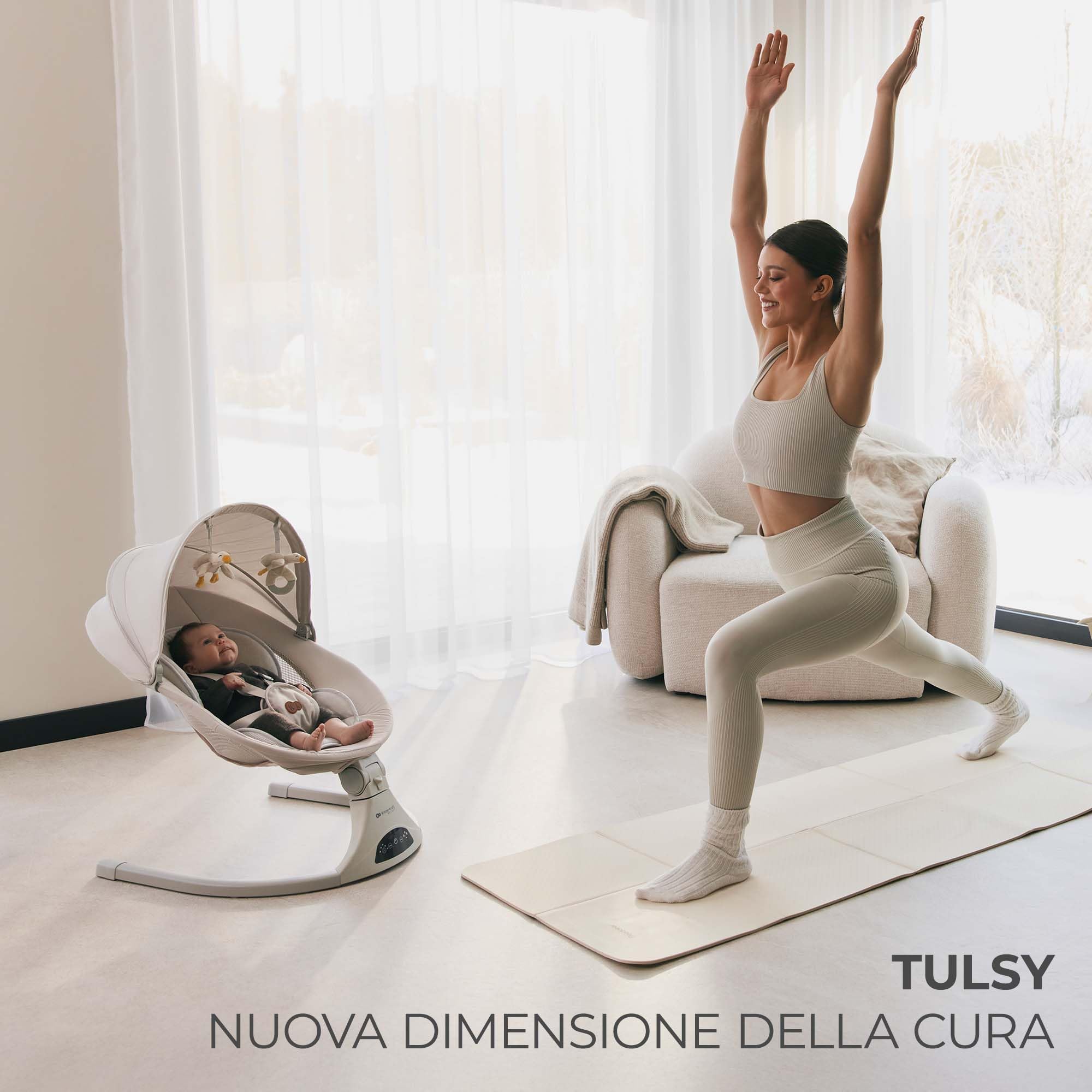 Kinderkraft TULSY - Bouncer elettrico a dondolo, automatico a 5 livelli, timer 8/15/30 min, pannello touch o telecomando, Bluetooth USB, 12 melodie, 3 reclinabili, imbracatura a 5 punti, zanzariera a