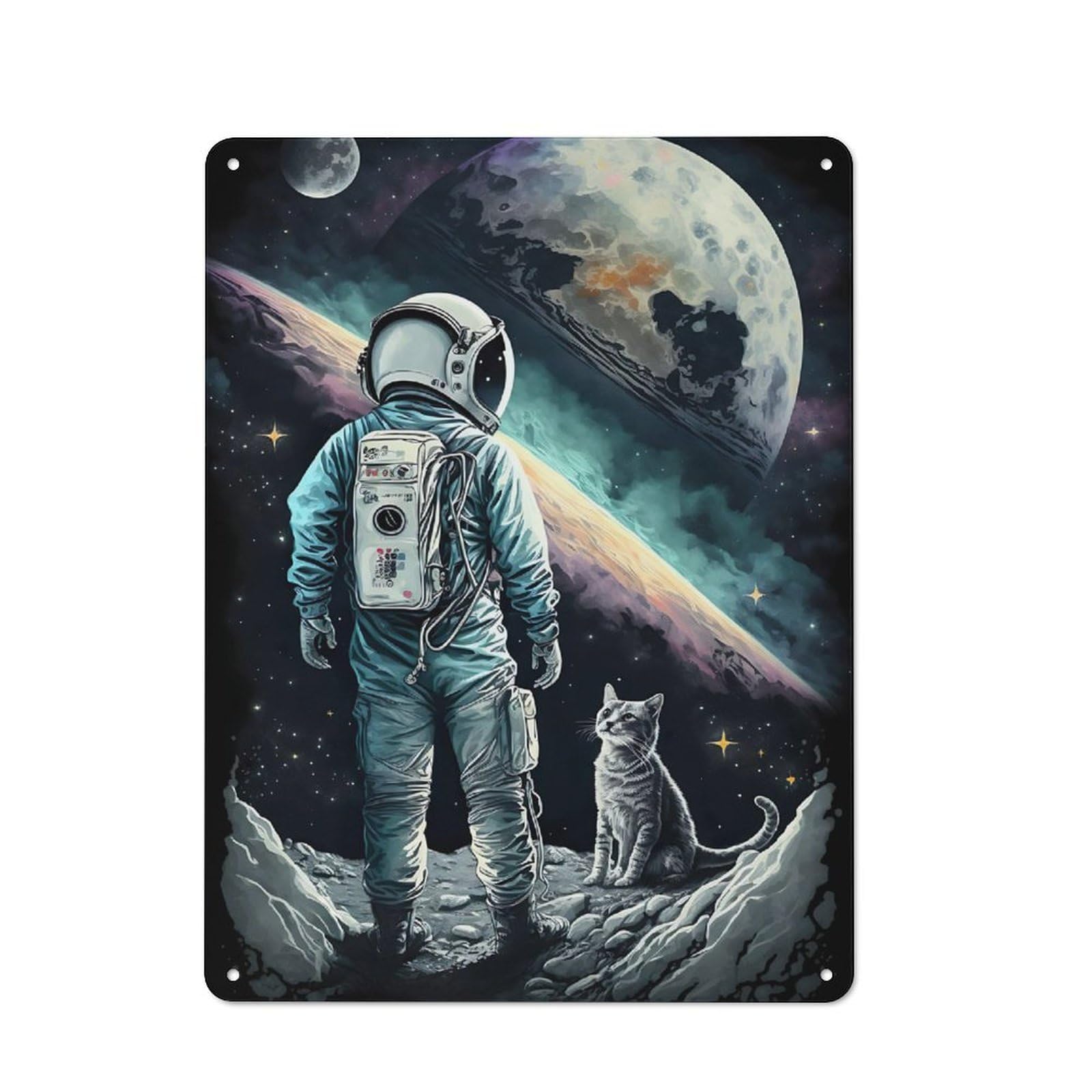 Junmoney Style Retro Metal Wall Sign 40X30cm With Astronaut Cat Moon Space For Bar Or Restaurant, A Housewarming Gift For Hospitality Decor Collectors