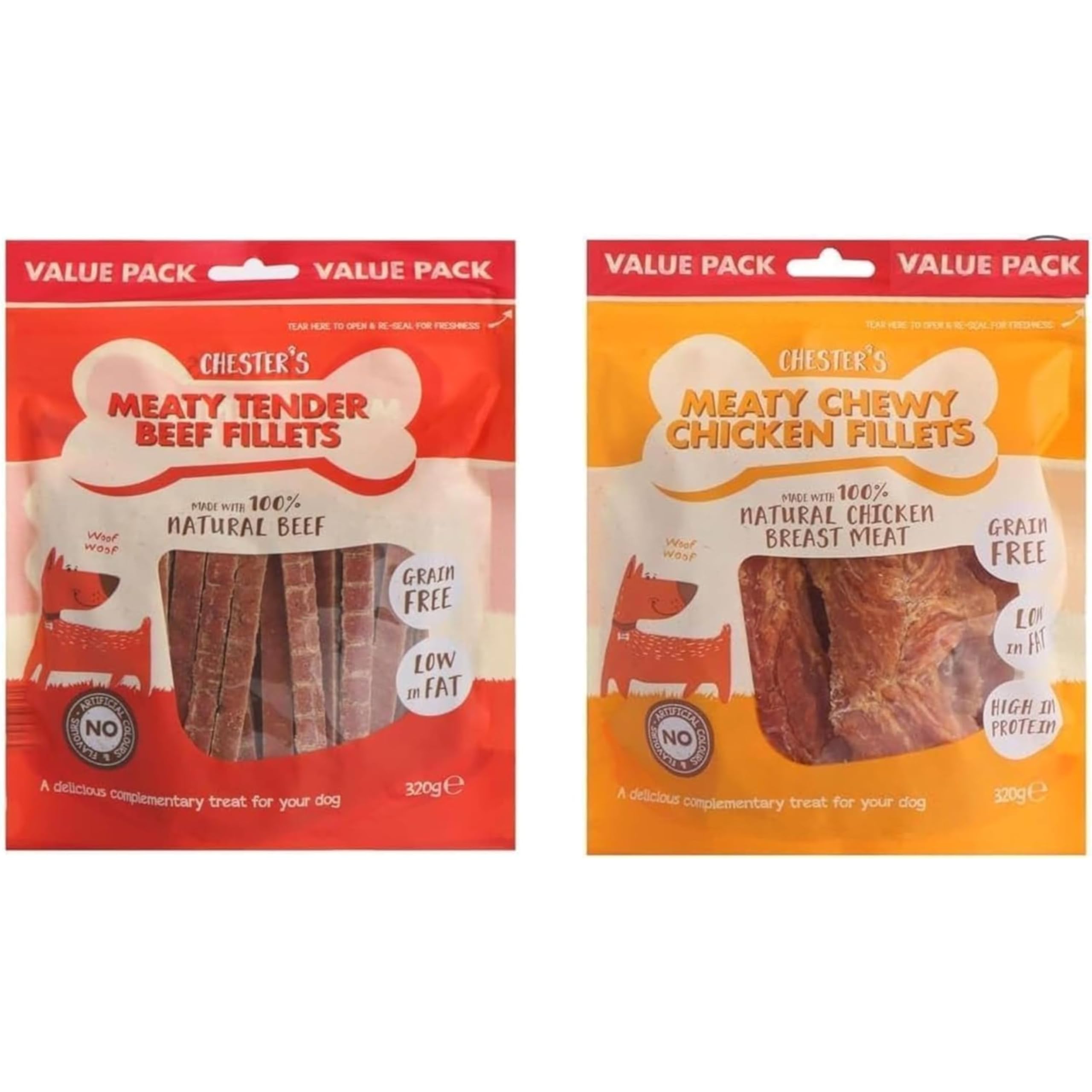 Chester’s Meaty Tender Beef & Chewy Chicken Fillets – 100% Natural, Grain-Free, Low-Fat, High-Protein Dog Treats – Soft, Easy-to-Chew Snacks for Puppies Pack of 2 x320g Each,