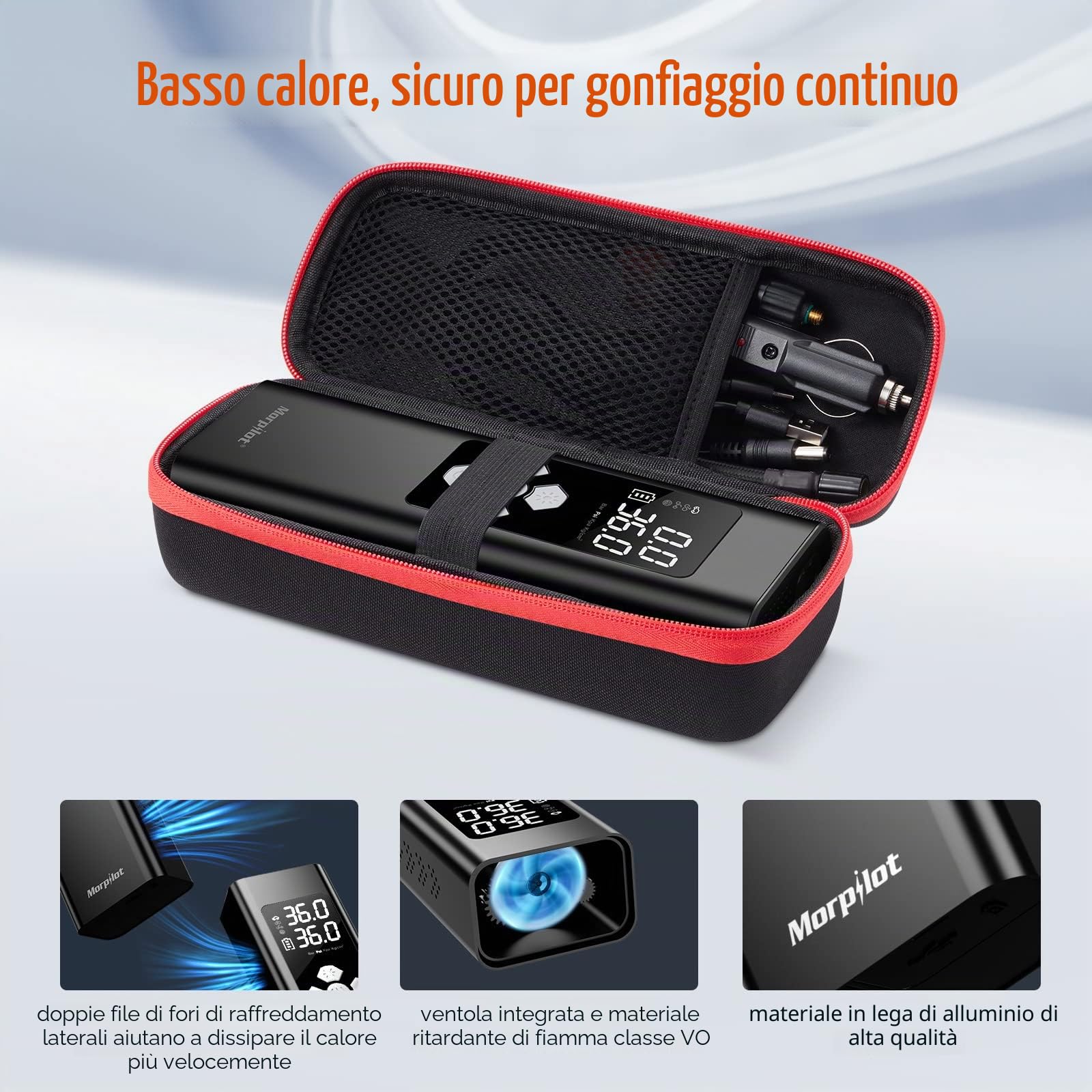 Compressore Aria Portatile da 9000mAh, Morpilot 150PSI Gonfiatore con Batteria Ricaricabile, Doppio Schermo LCD Digitale, 4 Ugelli, Pompa Elettrica per Bicicletta, Auto, Moto, Palloni