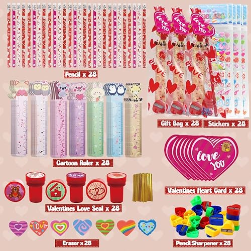 Miniatura 3 de DINESIL Regalos para el día de San Valentín para el aula de niños, 28 paquetes de papelería de San Valentín con lápices, borradores, reglas,
