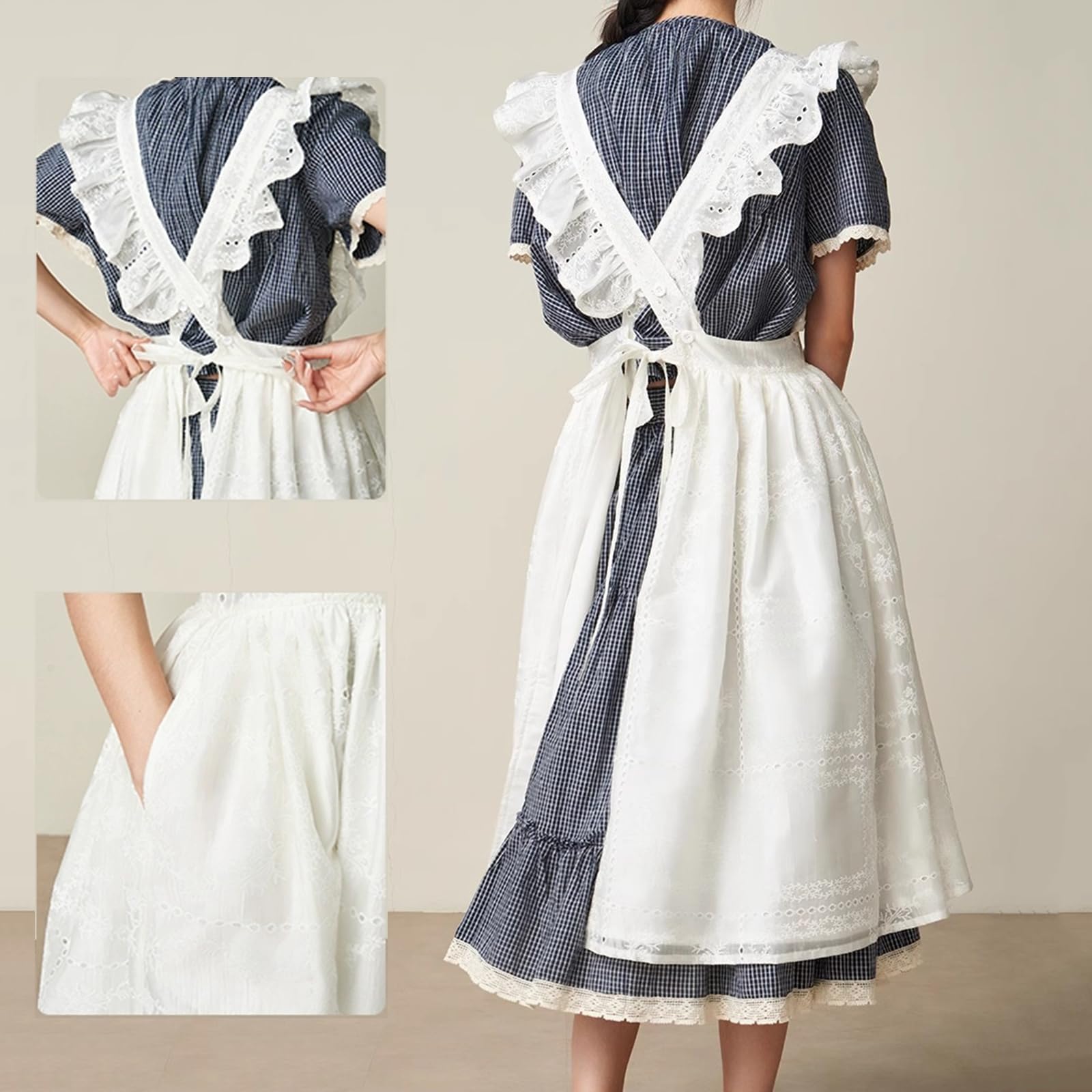 Delantal para Mujeres con 2 Bolsillos, Delantal Mujer Vestido para Jardinería, Cocina, Pintura, Limpieza, ManicuraWhite,One Size