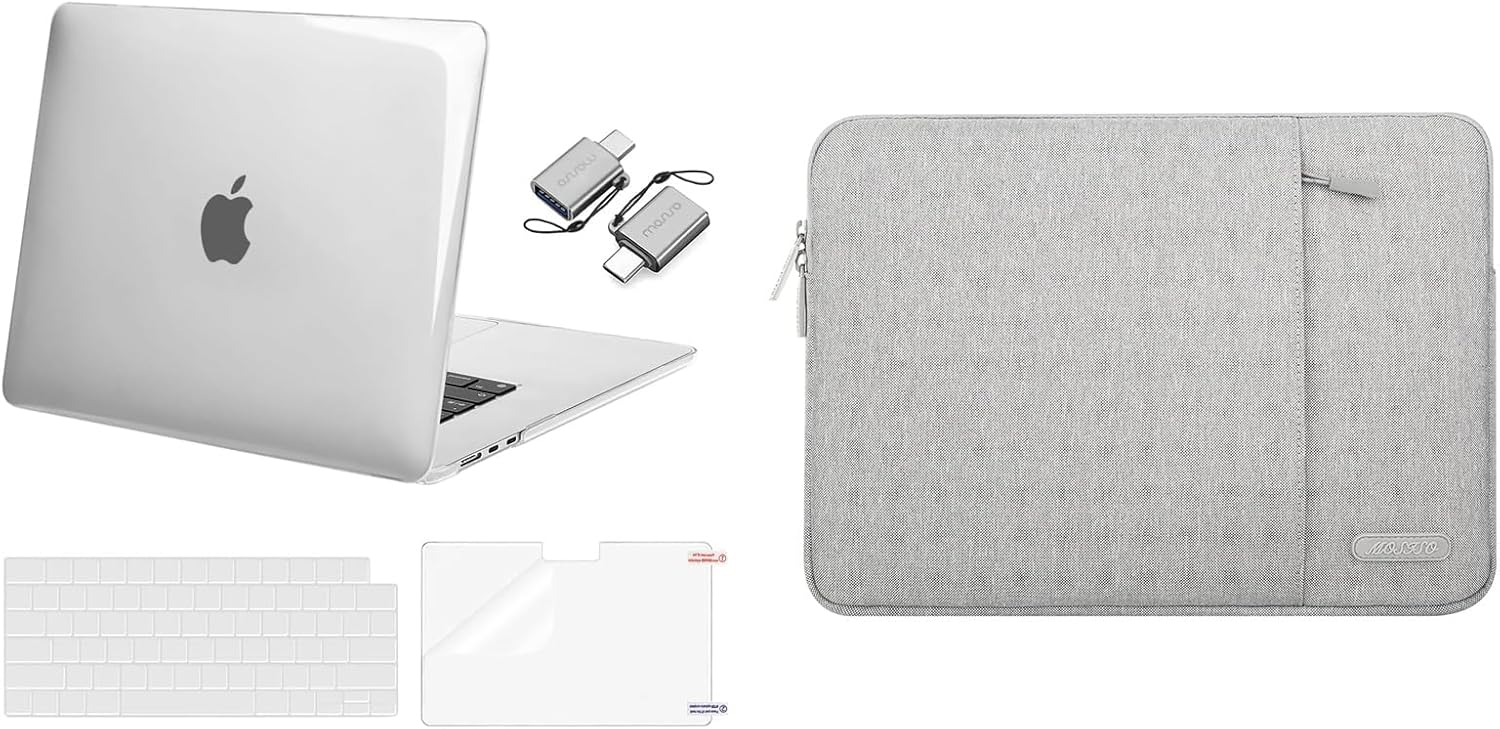 MOSISO Compatible with MacBook Air 15 inch Case 2023 Release A2941 M2, Plastic Hard Case&Vertical Sleeve Bag&Keyboard Skin&Screen Protector&Type C Adapter, Crystal Clear&Gray