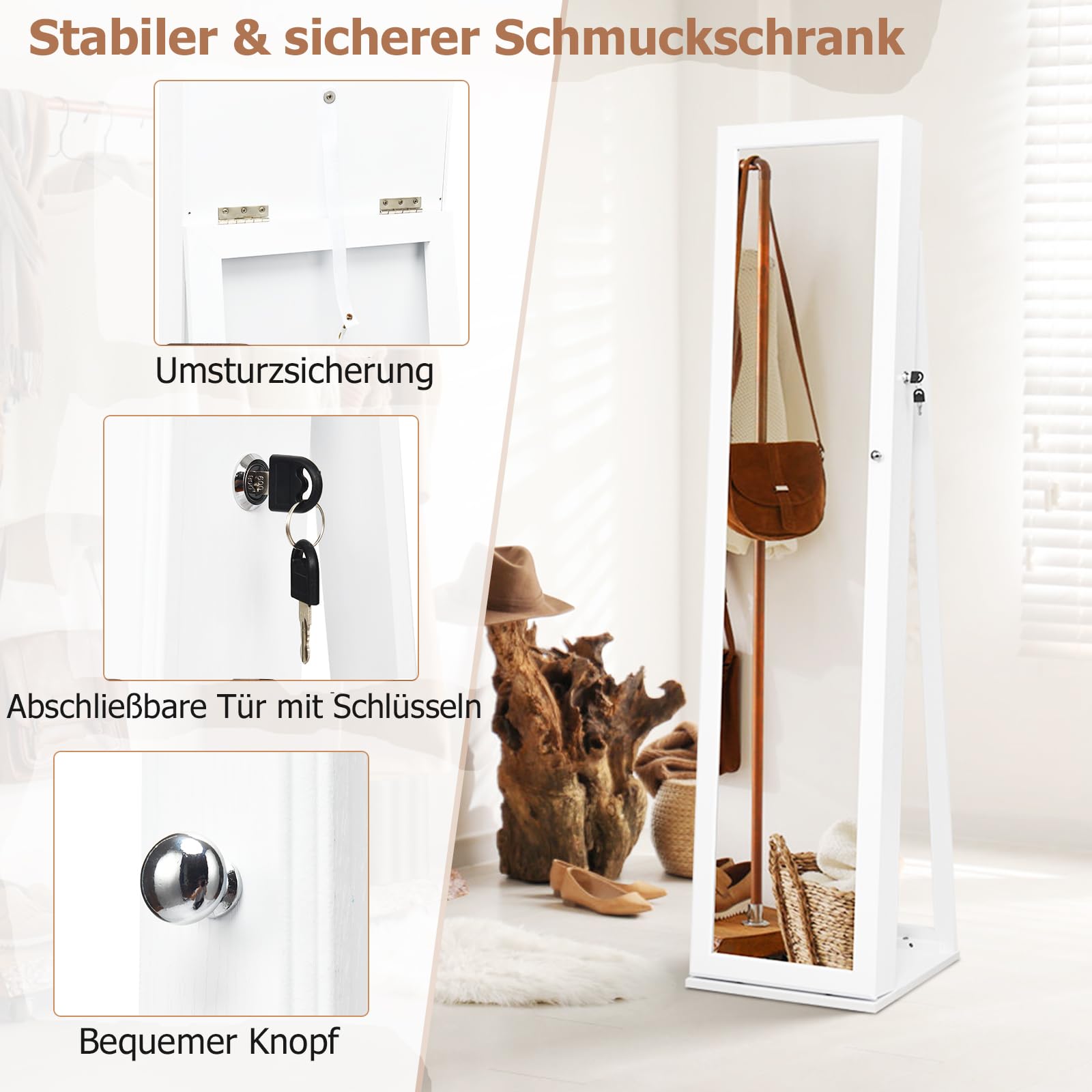 GOPLUS Schmuckschrank mit Spiegel, Spiegelschrank stehend mit großem Stauraum, Lagerregalen und Umkippschutz, Standspiegel Schmuck Organizer abschließbar für Schlafzimmer Wohnzimmer (Weiß)