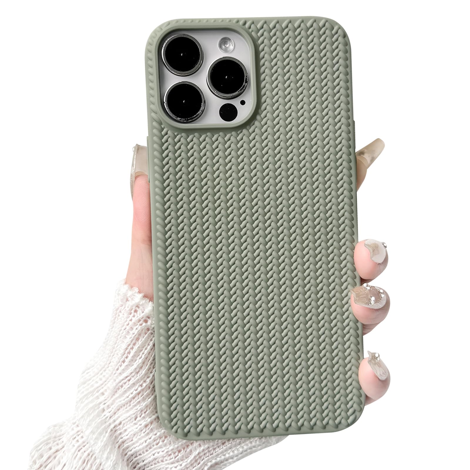 NITITOP Compatible for iPhone 15 Pro Max Case Cute for Women Girls Woven Pattern Matte Braid Design Solid Color Soft Silicone Shockproof Cover - Green