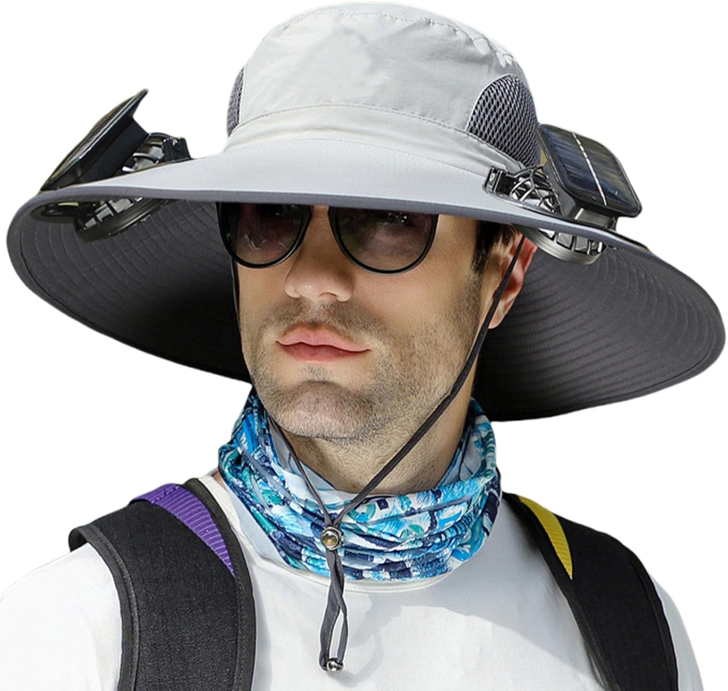 Solar Fan Hat, Men Sun Hat with 2 Solar Fan, Wide Brim Solar Fan Outdoor Fishing Hat-Solar & USB Charging