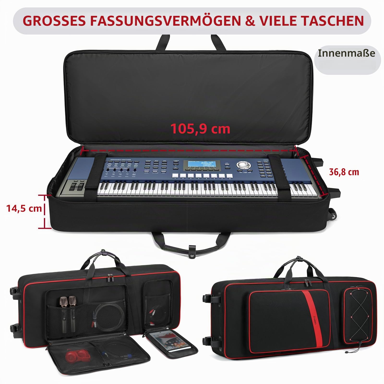 BOSSTIN 61-Tasten-Keyboard-Hülle mit Rollen, interne Größe: 106,7 x 36,8 x 15,2 cm, wasserdicht, gepolstert, Rolling Gigbag, Keyboard, Klaviertasche für 61 Tasten Klaviertastatur