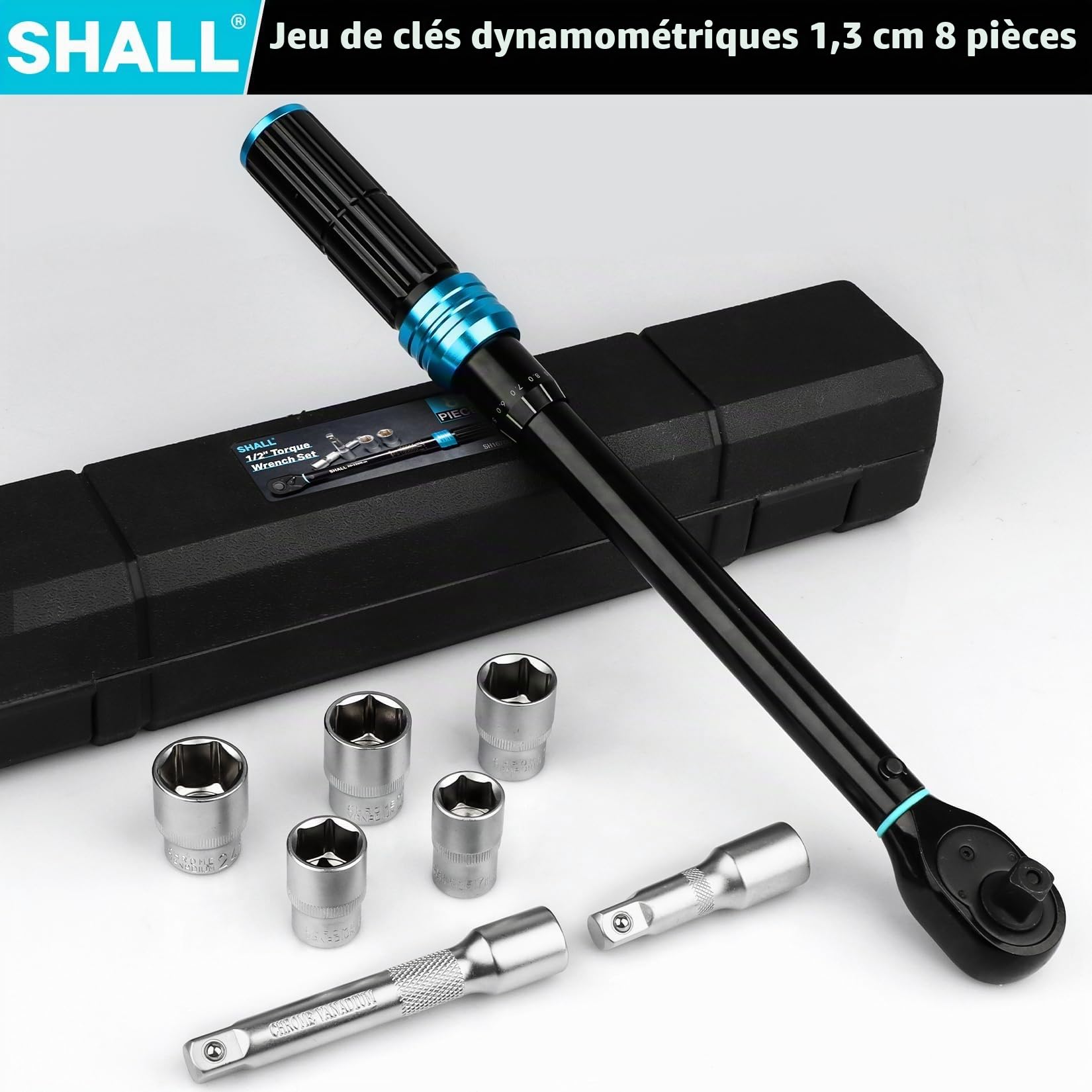 SHALL Jeu de 7 clés dynamométriques 1/2", (20-220 Nm), 72 dents réglables dans les deux sens, adaptées à l'entretien des voitures et des motos, avec rallonge et boîte de rangement